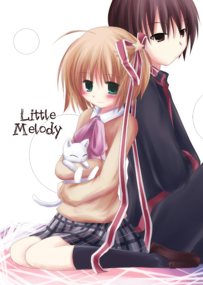 yuzuki (rurirara), kamikita komari, lennon (little busters!), naoe riki, little busters!, plaid, 1boy, 1girl, ahoge, back-to-back, blonde hair, blush, bow, brown eyes, brown hair, cat, child, green eyes, hair ribbon, kneehighs, naoe rikki, pink bow, ribbon, school uniform, short hair, sitting, skirt, smile, socks, star (symbol)