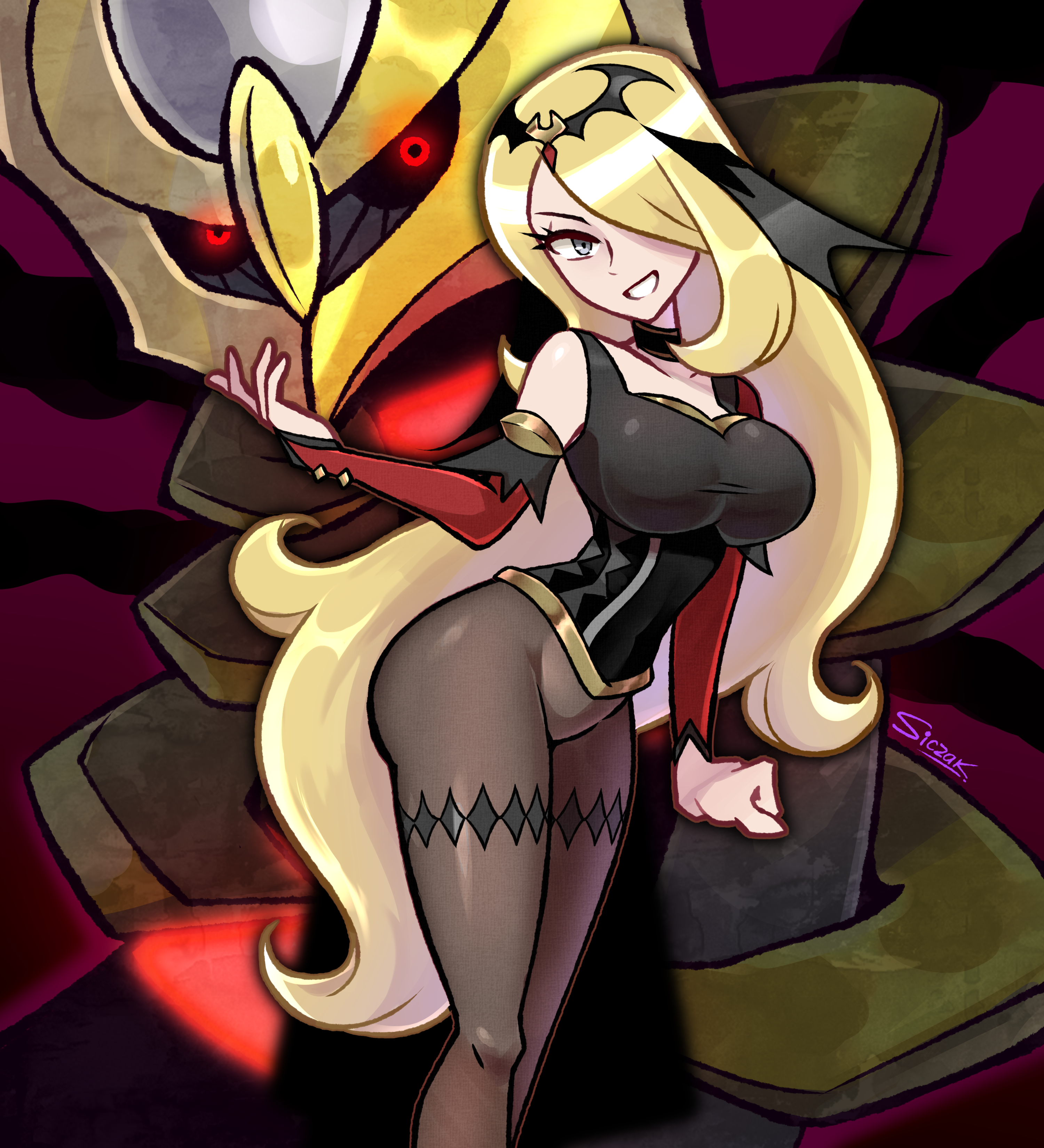 siczak, cynthia (pokemon), cynthia (sygna suit) (renegade) (pokemon), giratina, nintendo, pokemon, pokemon masters ex, absurdres, highres, 1girl, black choker, black dress, blonde hair, breasts, brown pantyhose, choker, clenched hand, dress, gen 4 pokemon, grey eyes, grin, hair ornament, hair over one eye, large breasts, legendary pokemon, long hair, looking at viewer, official alternate costume, pantyhose, pokemon (creature), purple background, smile, taut clothes, taut dress, tiara, very long hair