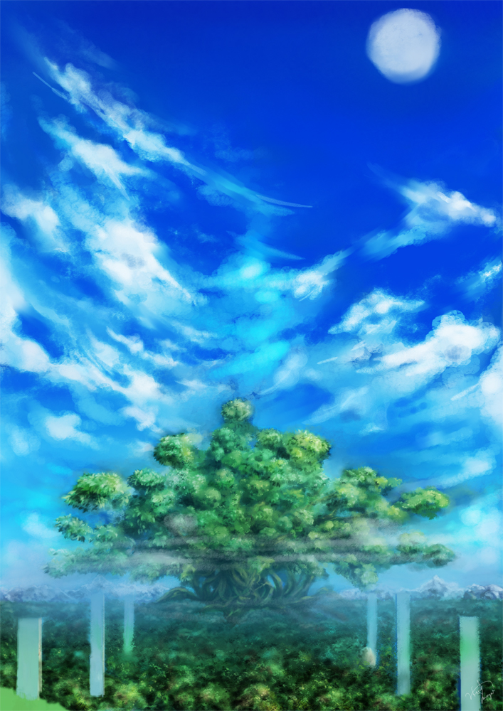 miyai haruki, bad id, bad pixiv id, cloud, day, forest, nature, no humans, scenery, sky, tree