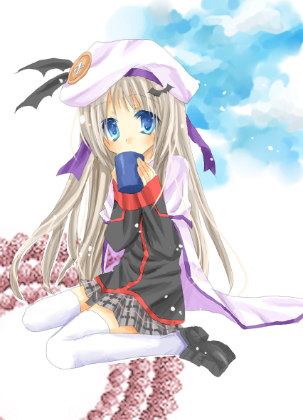 kazato amane, noumi kudryavka, little busters!, silver hair, bad id, bad pixiv id, 1girl, aqua eyes, blue eyes, buttons, cape, cloud, female focus, hat, long hair, ribbon, sitting, sky, solo, thighhighs, wariza