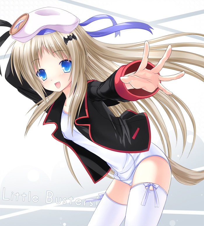 noumi kudryavka, little busters!, silver hair, aqua eyes, blue eyes, buttons, hat, long hair, ribbon, solo, thighhighs
