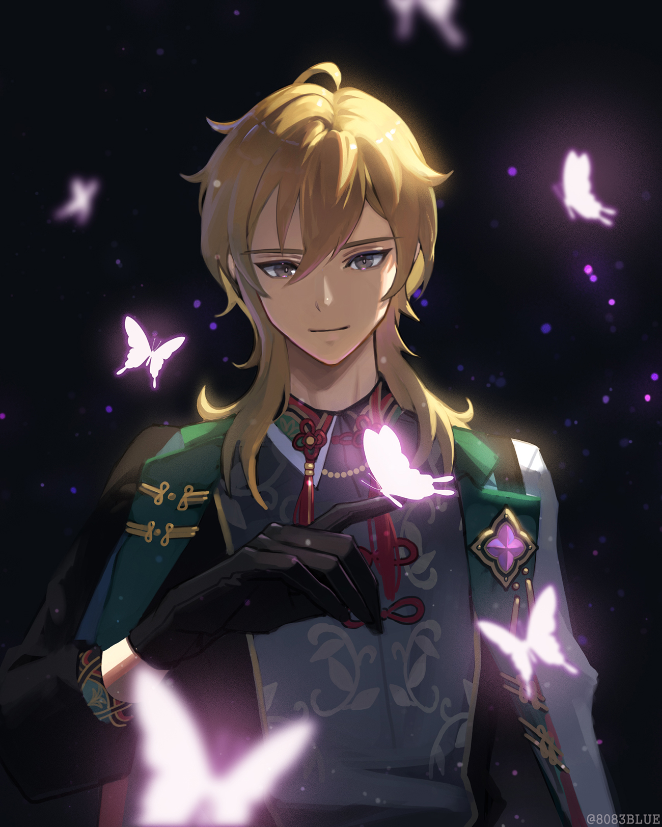 8083 blue, hakaze kaoru, ensemble stars!, commentary request, highres, 1boy, black background, black gloves, brown eyes, brown hair, bug, butterfly, closed mouth, gloves, glowing butterfly, hair between eyes, insect, long hair, long sleeves, male focus, smile, solo, tassel, upper body