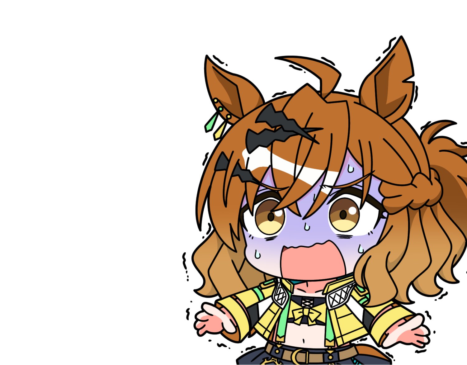 jungle pocket (champion's battle cry) (umamusume), jungle pocket (umamusume), umamusume, umamusume: beginning of a new era, 1girl, ahoge, animal ears, braid, brown hair, ear ornament, earrings, hair between eyes, hair ornament, hairclip, half up half down braid, horse ears, horse girl, horse tail, jacket, jewelry, long sleeves, medium hair, navel, notched ear, open clothes, single earring, skirt, tail, yellow eyes, yellow jacket, yurin35699515
