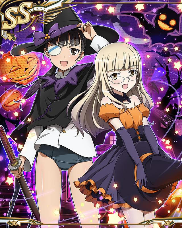 perrine h. clostermann, sakamoto mio, strike witches, world witches series, artist request, official art, 2girls, black eyes, black hair, blonde hair, blue one-piece swimsuit, blush, eyepatch, feet out of frame, glasses, halloween, halloween costume, hat, holding, holding sword, holding weapon, jack-o'-lantern, jacket, katana, long hair, looking at viewer, military, military uniform, multiple girls, one-piece swimsuit, pumpkin, smile, standing, swimsuit, swimsuit under clothes, sword, weapon, white jacket, witch, witch hat, yellow eyes