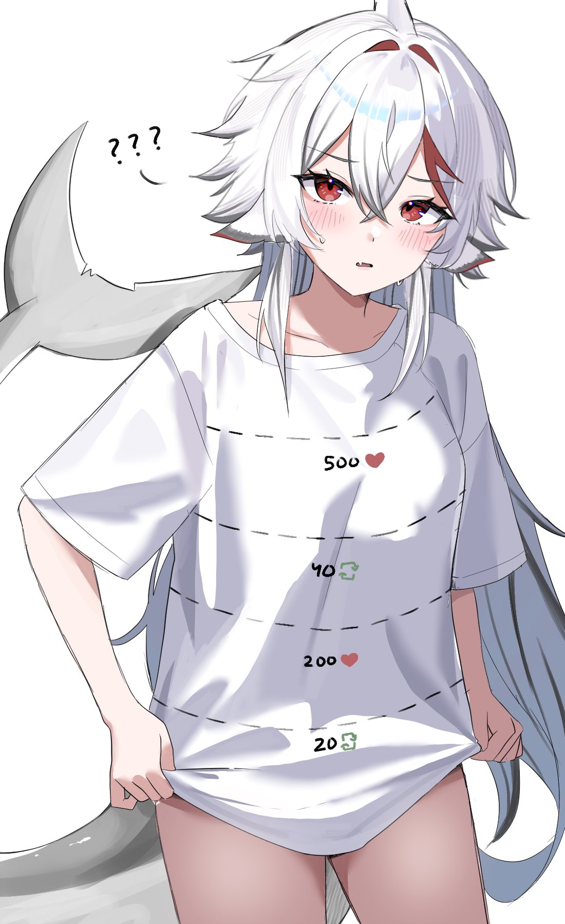 sharkyyuna, indie virtual youtuber, commentary, english commentary, highres, 1girl, ?, ??, animal ears, blush, breasts, cowboy shot, crossed bangs, double-parted bangs, fins, fish tail, hair between eyes, long hair, looking at viewer, multicolored hair, no pants, open mouth, red eyes, red streaks, shark girl, shark tail, sharkyyuna (vtuber), shirt, shirt hold, short sleeves, simple background, solo, streaked hair, sweat, tail, twitter cutting game, virtual youtuber, white background, white hair, white shirt