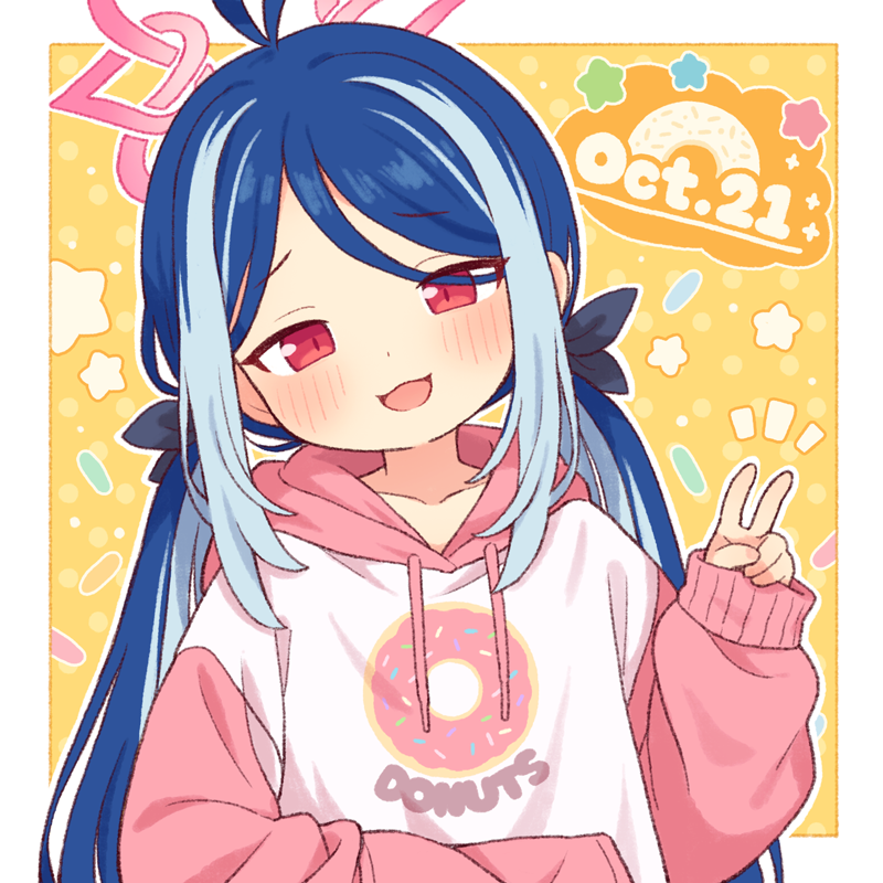 onyhakase, fubuki (blue archive), blue archive, commentary, 1girl, :d, ahoge, alternate costume, antenna hair, blue hair, blush, collarbone, dated, donut, donut print, flat chest, food, food print, halo, hood, hoodie, long hair, long sleeves, looking at viewer, multicolored hair, open mouth, outline, pink halo, pink hoodie, red eyes, sleeves past wrists, smile, solo, star (symbol), twintails, two-tone hair, upper body, v, white outline