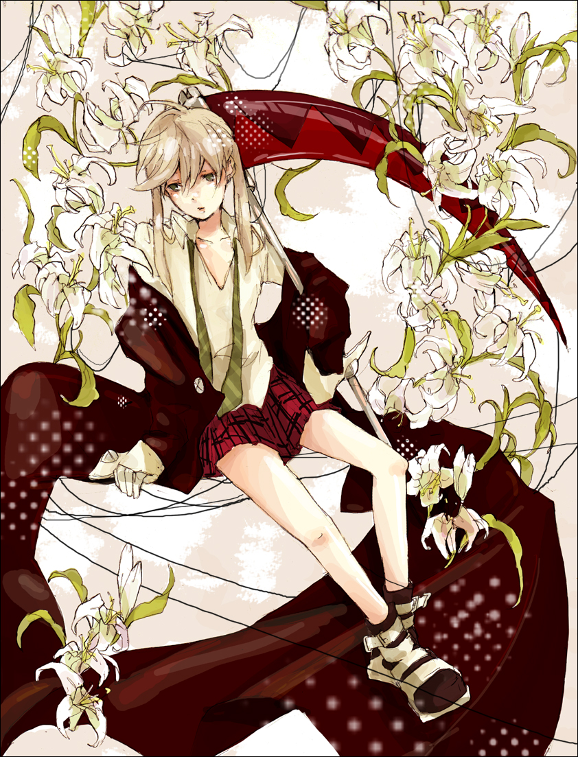 katsura miya, maka albarn, soul eater, bad id, bad pixiv id, 00s, coat, flower, gloves, green eyes, necktie, plaid clothes, plaid skirt, scythe, sitting, skirt, solo, twintails, weapon