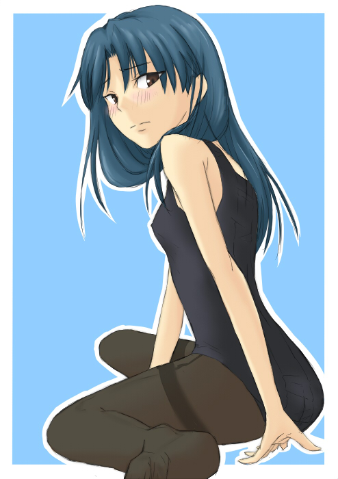 amayasan, kisaragi chihaya, idolmaster, idolmaster (classic), idolmaster 1, bad id, bad pixiv id, 00s, 1girl, arm support, black one-piece swimsuit, blue hair, blush, brown eyes, feet, female focus, leotard, long hair, one-piece swimsuit, pantyhose, pantyhose under swimsuit, school swimsuit, sitting, solo, swimsuit, thighband pantyhose