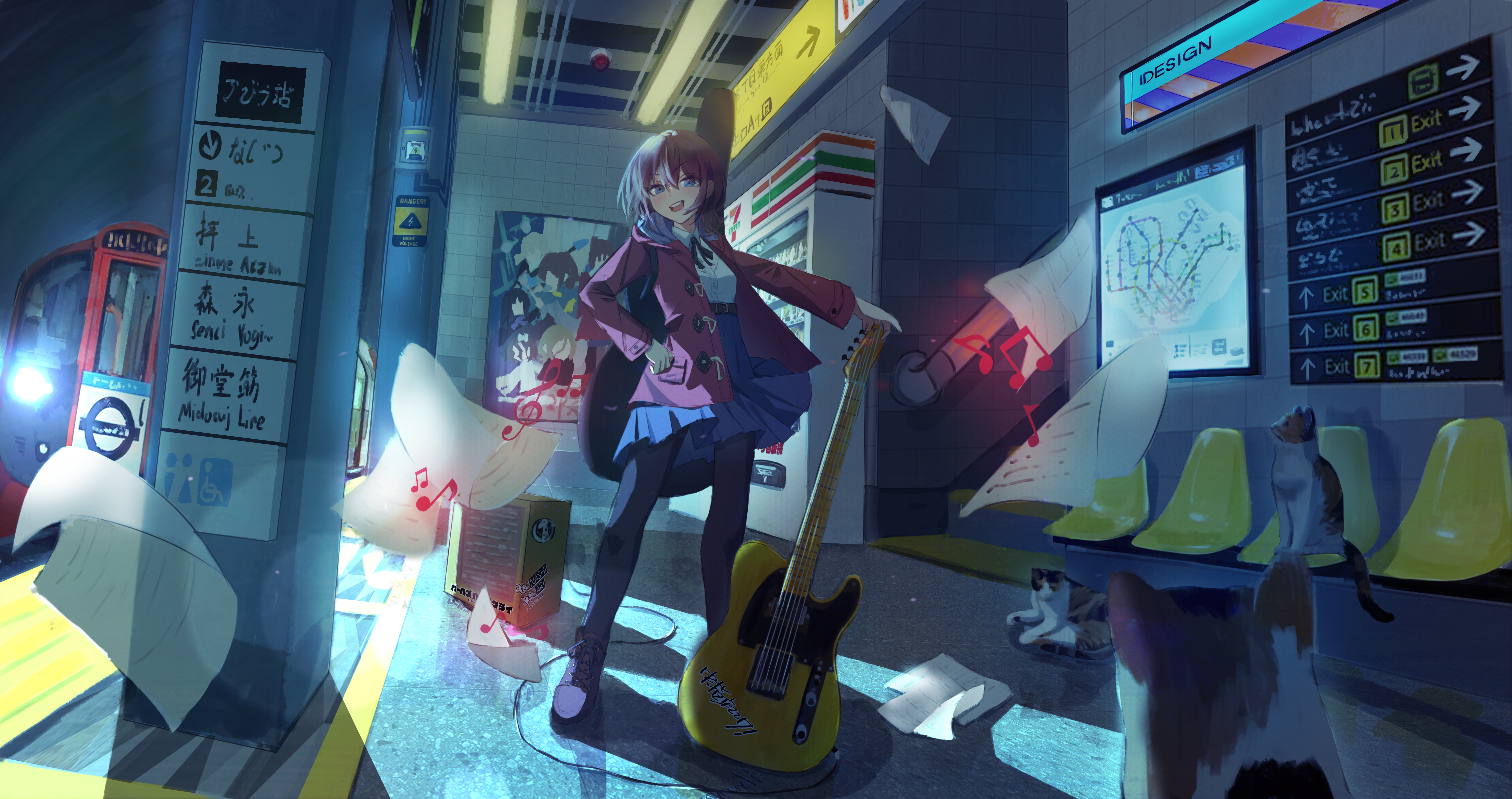 aijotooko, awa subaru, ebizuka tomo, iseri nina, kawaragi momoka, rupa (girls band cry), 7-eleven, girls band cry, absurdres, annotated, commentary, highres, translation request, 1girl, black pantyhose, blue eyes, blue skirt, brown hair, cat, electric guitar, fender telecaster, guitar, guitar case, hair between eyes, instrument, instrument case, instrument on back, jacket, london underground, musical note, open mouth, pantyhose, pleated skirt, red jacket, shirt, short hair, skirt, standing, subway, subway station, teeth, upper teeth only, white shirt