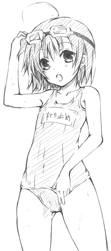 hayashi ichirou, last order (toaru majutsu no index), toaru majutsu no index, 00s, ahoge, goggles, greyscale, monochrome, one-piece swimsuit, school swimsuit, short hair, sketch, swimsuit, wet
