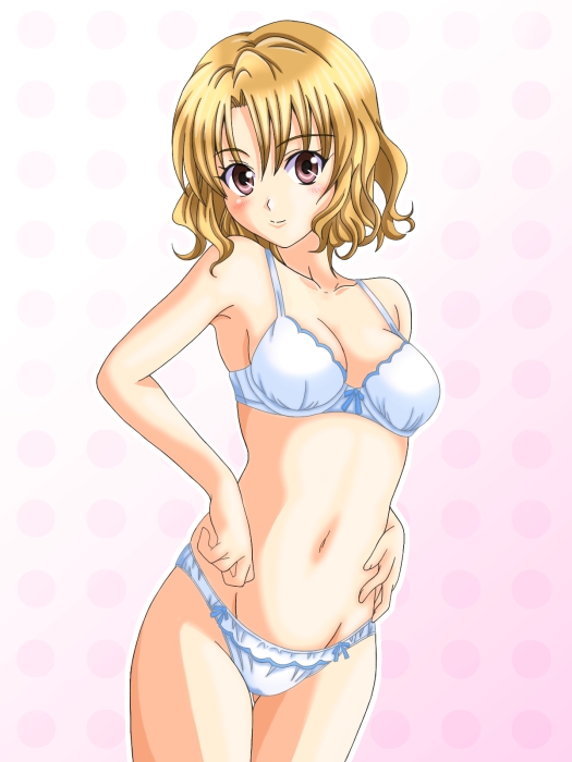 burai taka, momioka risa, to love-ru, bad id, bad pixiv id, 00s, 1girl, blonde hair, bra, breasts, cleavage, female focus, large breasts, lingerie, navel, panties, red eyes, short hair, smile, solo, underwear, underwear only