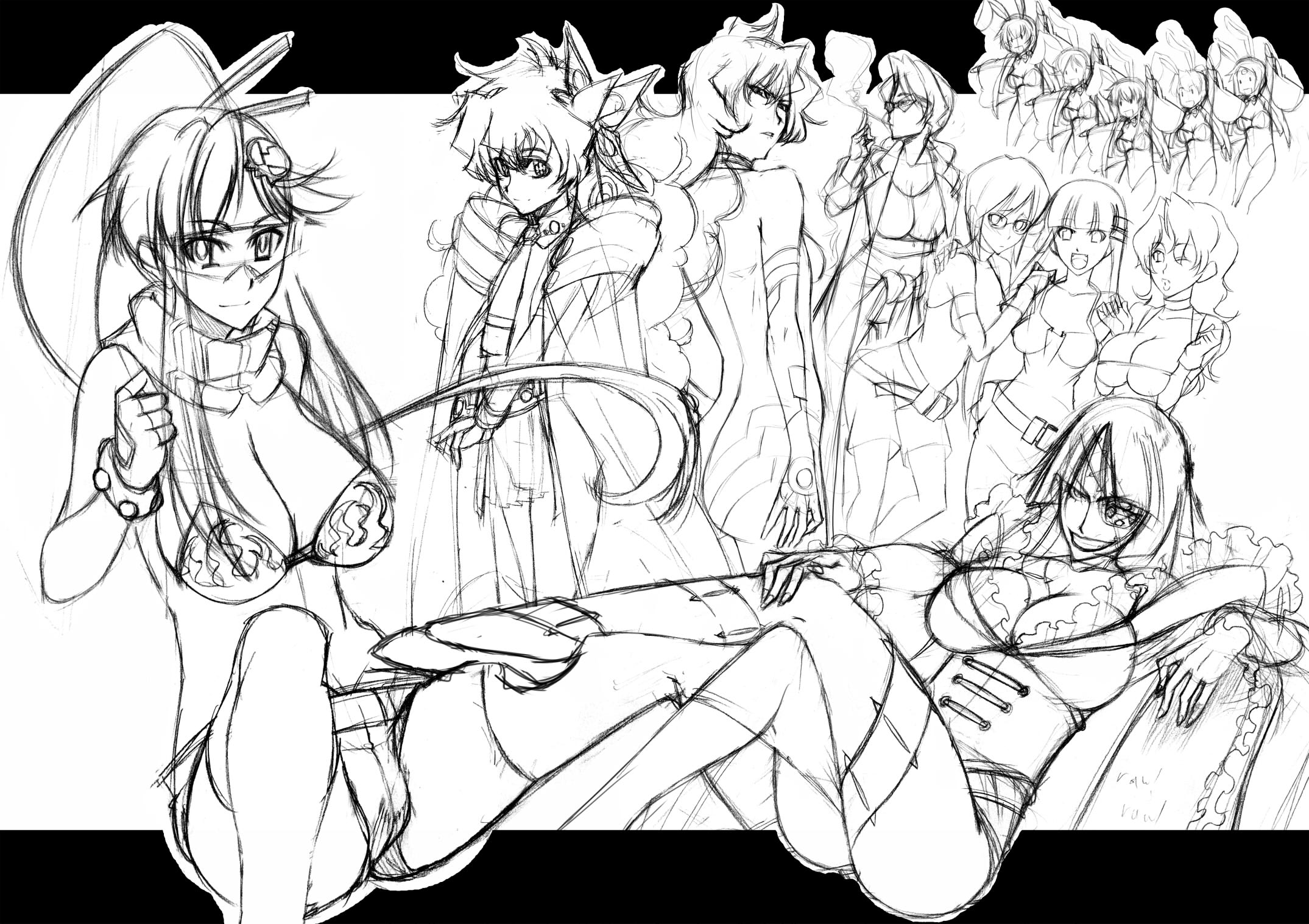 caw=zoo, adiane, antispiral nia, kinon bachika, kiyal bachika, kiyoh bachika, leite jokin, nia teppelin, yoko littner, tengen toppa gurren lagann, highres, 00s, 6+girls, breasts, cleavage, eyepatch, greyscale, large breasts, monochrome, multiple girls, sketch, thighhighs