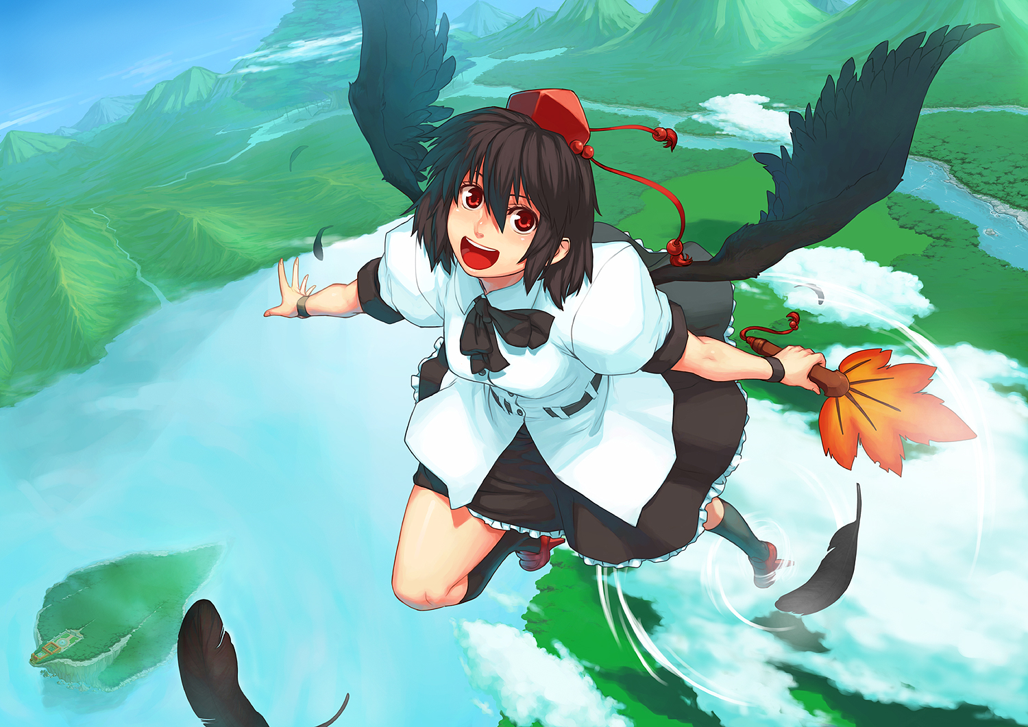 azusa (hws), shameimaru aya, touhou, 1girl, black hair, black wings, feathers, female focus, flying, geta, hand fan, hat, looking at viewer, open mouth, red eyes, scarlet devil mansion, short hair, solo, tengu-geta, thighhighs, tokin hat, wings