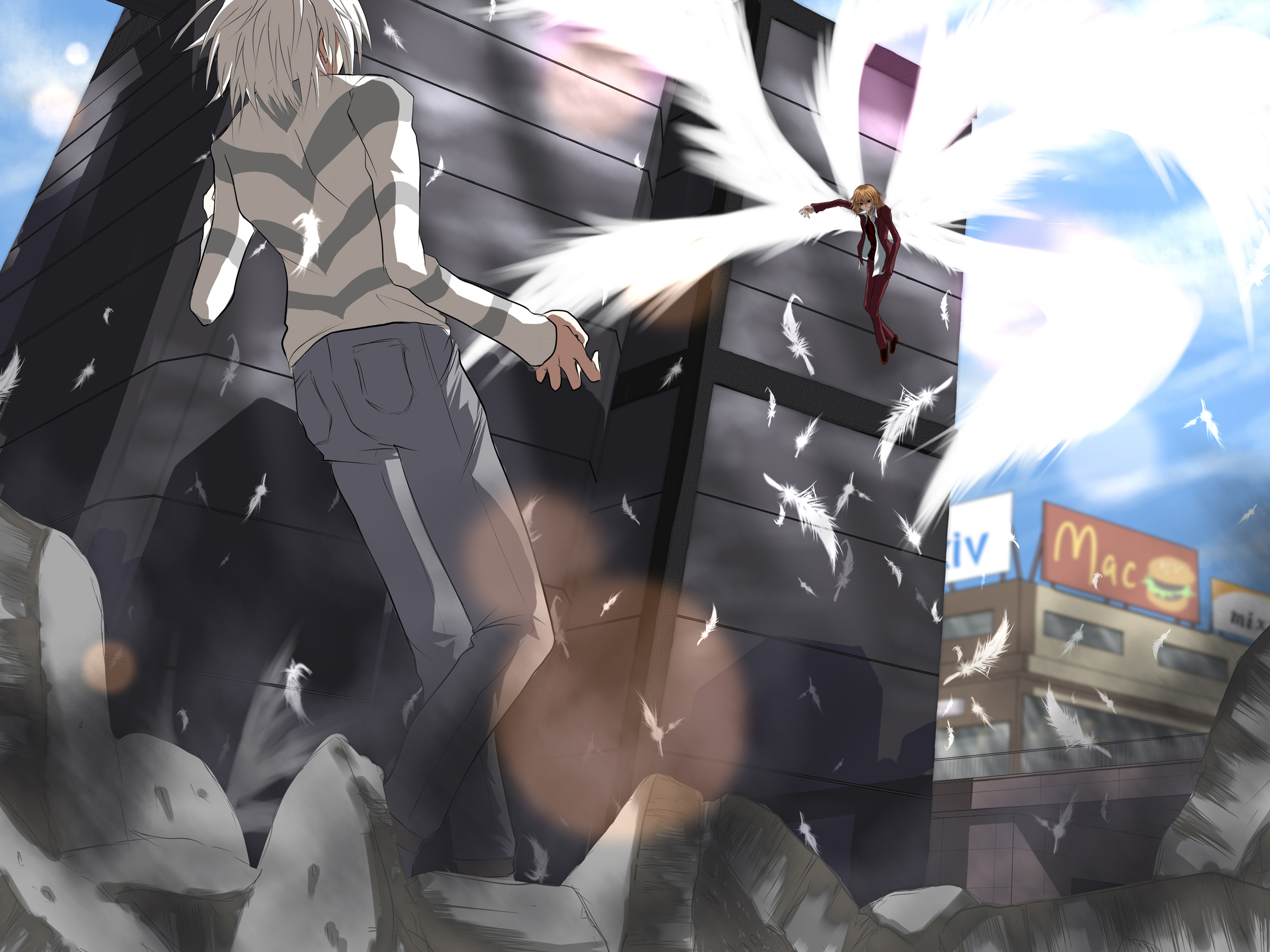 bloody moon, tada tsuki, accelerator (toaru majutsu no index), kakine teitoku, toaru majutsu no index, toaru majutsu no index: old testament, highres, 00s, 2boys, falling feathers, feathers, multiple boys, multiple wings, oversized wings, seraph, shirt, striped clothes, striped shirt, white hair, wings