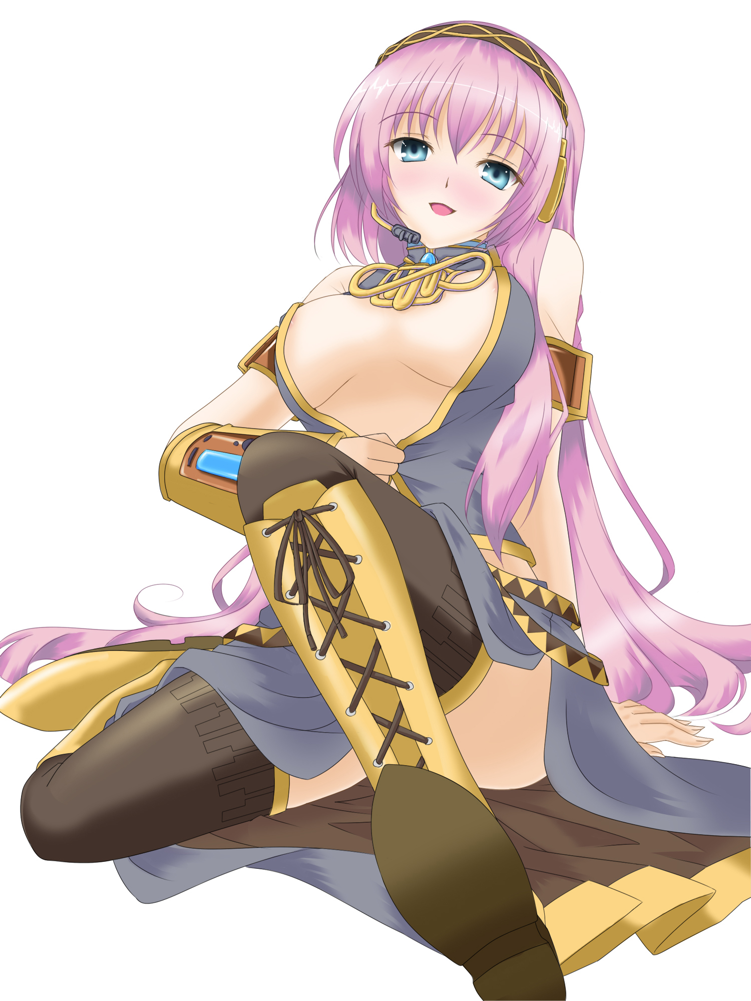 ayano (netin), ayano (pixiv), megurine luka, vocaloid, highres, 1girl, armband, blue eyes, boots, breasts, cleavage, female focus, headset, long hair, looking at viewer, microphone, open mouth, pink hair, simple background, sitting, solo, thighhighs, very long hair