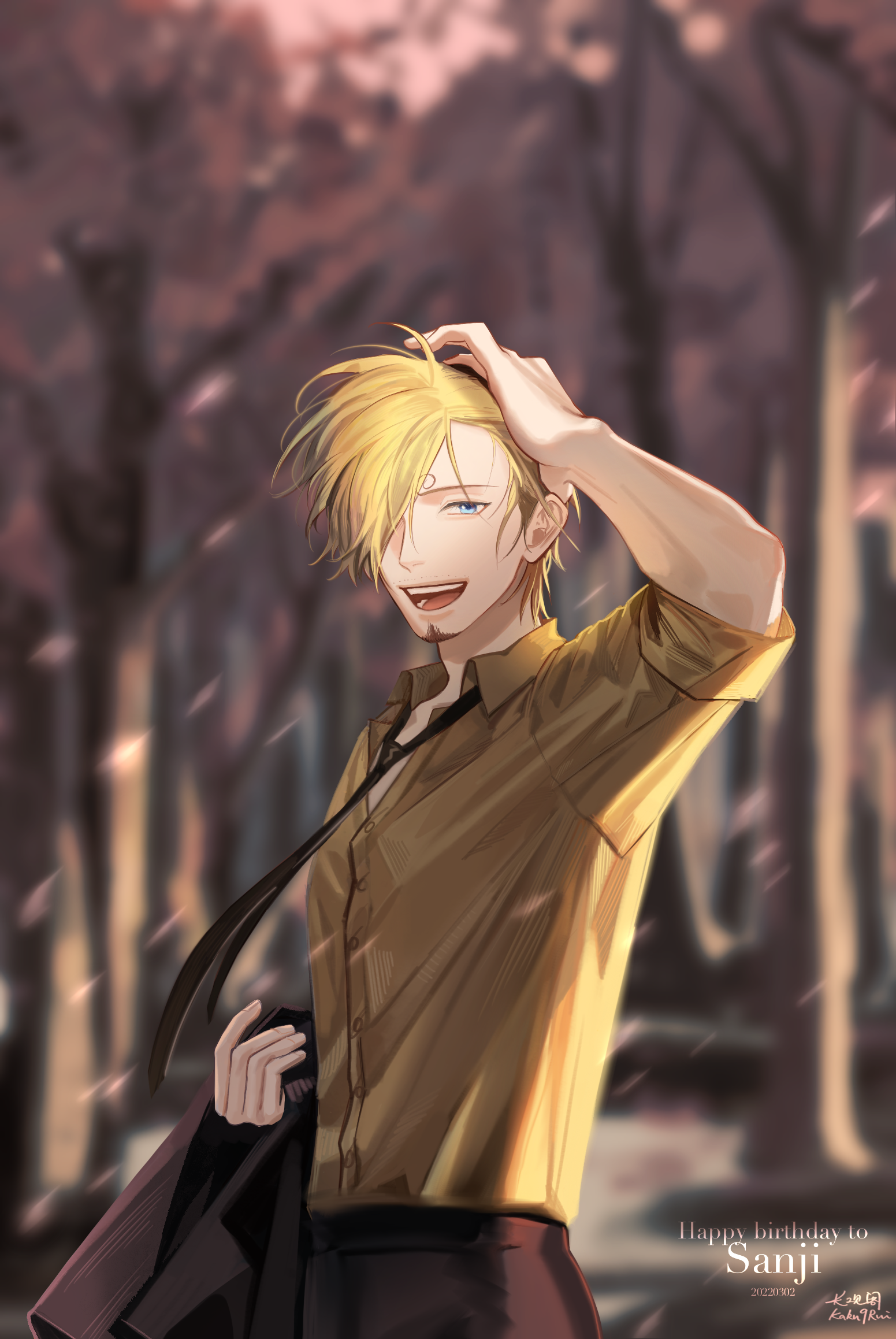 kotomine (a1569), sanji (one piece), one piece, commentary request, highres, 1boy, black necktie, black pants, blonde hair, blue eyes, buttons, curly eyebrows, facial hair, goatee, hair over one eye, hand on own head, happy birthday, holding, holding jacket, holding unworn clothes, jacket, male focus, necktie, open mouth, pants, shirt, solo, spring (season), unworn jacket, yellow shirt