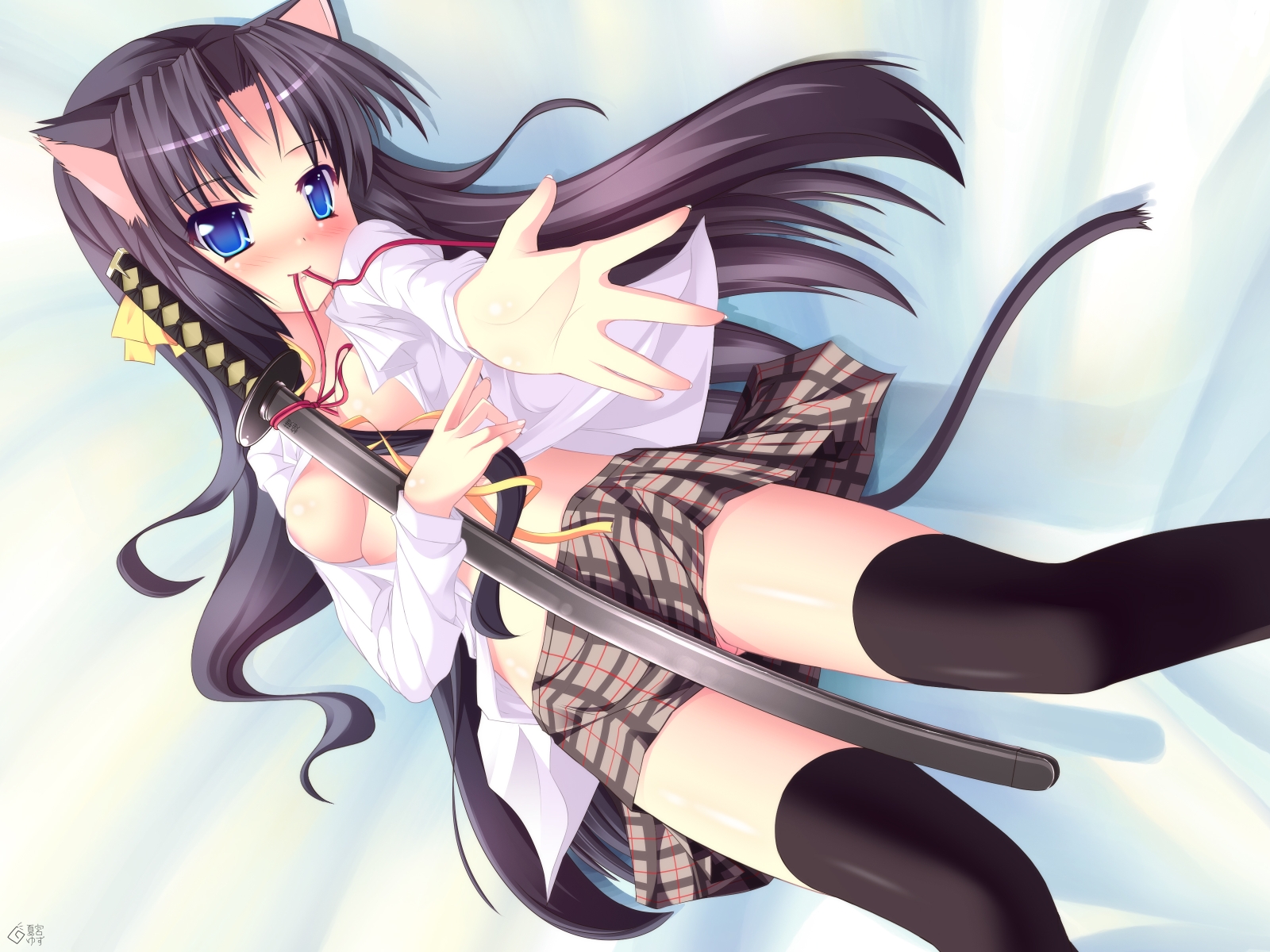 natsumiya yuzu, kurugaya yuiko, little busters!, highres, 1girl, animal ears, areola slip, black thighhighs, blush, breasts, cat ears, cat tail, female focus, hair ribbon, katana, mouth hold, no bra, no panties, open clothes, open shirt, plaid clothes, plaid skirt, ribbon, school uniform, shirt, skirt, solo, sword, tail, thighhighs, weapon