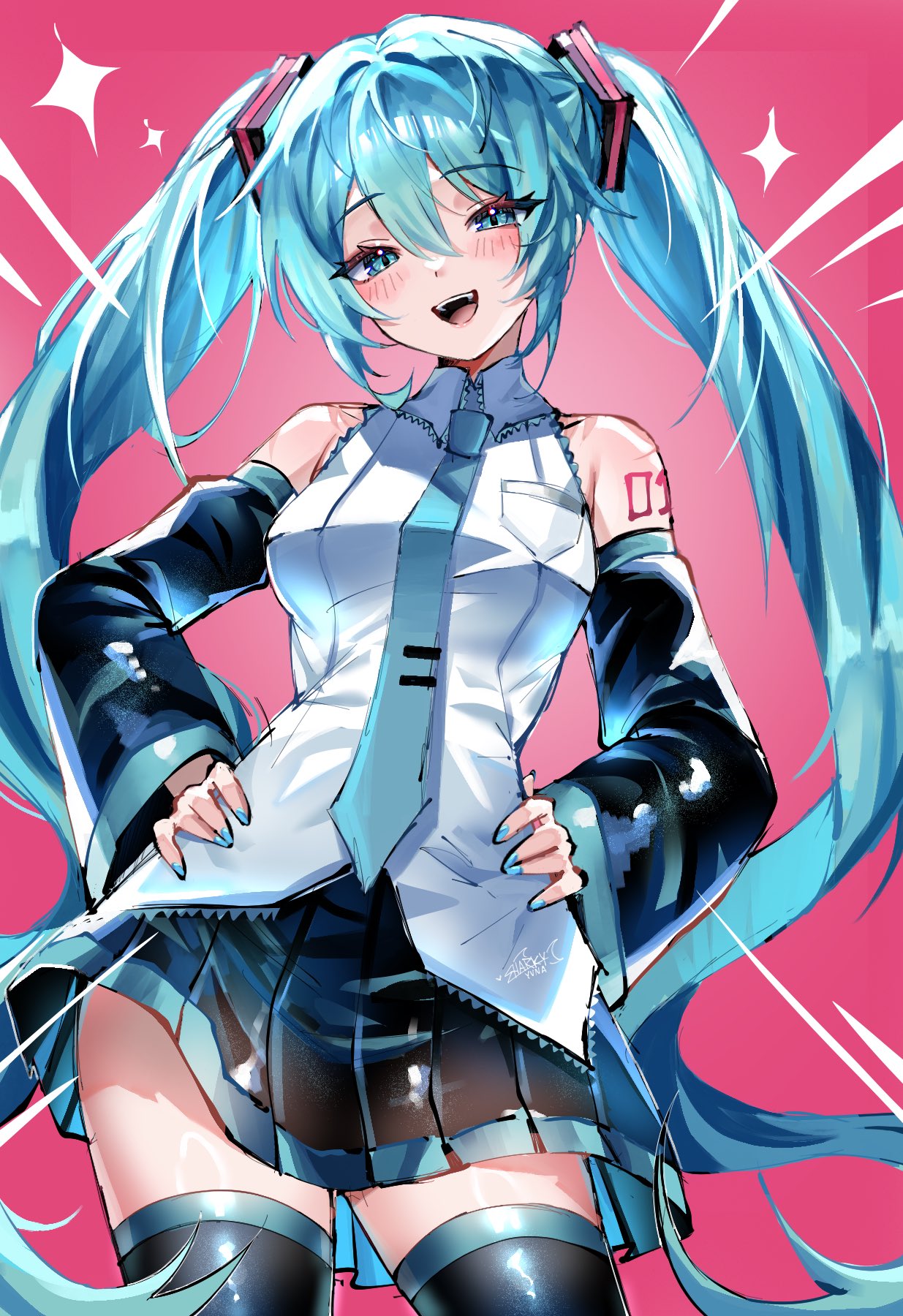 sharkyyuna, hatsune miku, vocaloid, commentary, highres, 1girl, bare shoulders, black skirt, black sleeves, black thighhighs, blue eyes, blue hair, blue nails, blue necktie, blush, breasts, collared shirt, cowboy shot, detached sleeves, double-parted bangs, fingernails, hair between eyes, hands on own hips, long hair, long sleeves, looking at viewer, medium breasts, miniskirt, nail polish, necktie, number tattoo, open mouth, pink background, pleated skirt, shirt, skirt, sleeveless, sleeveless shirt, smile, solo, tattoo, thighhighs, twintails, very long hair, white shirt
