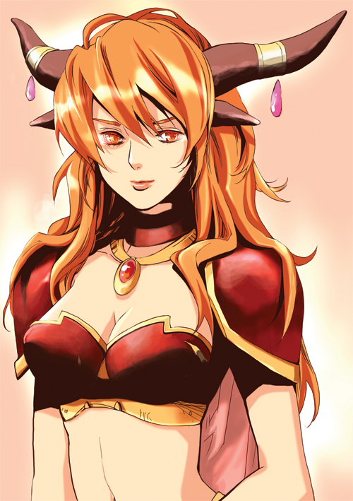 knoma, alexstrasza, warcraft, world of warcraft, bad id, bad pixiv id, 1girl, breasts, cape, cleavage, female focus, horns, jewelry, matching hair/eyes, necklace, orange eyes, orange hair, solo