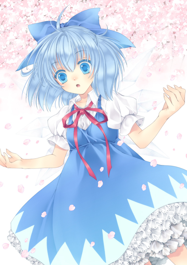 uduki eri, uzuki eri, cirno, embodiment of scarlet devil, touhou, bad id, bad pixiv id, 1girl, blue eyes, blue hair, bow, cherry blossoms, dress, female focus, frills, hair bow, matching hair/eyes, neck ribbon, petals, ribbon, short hair, solo, wings