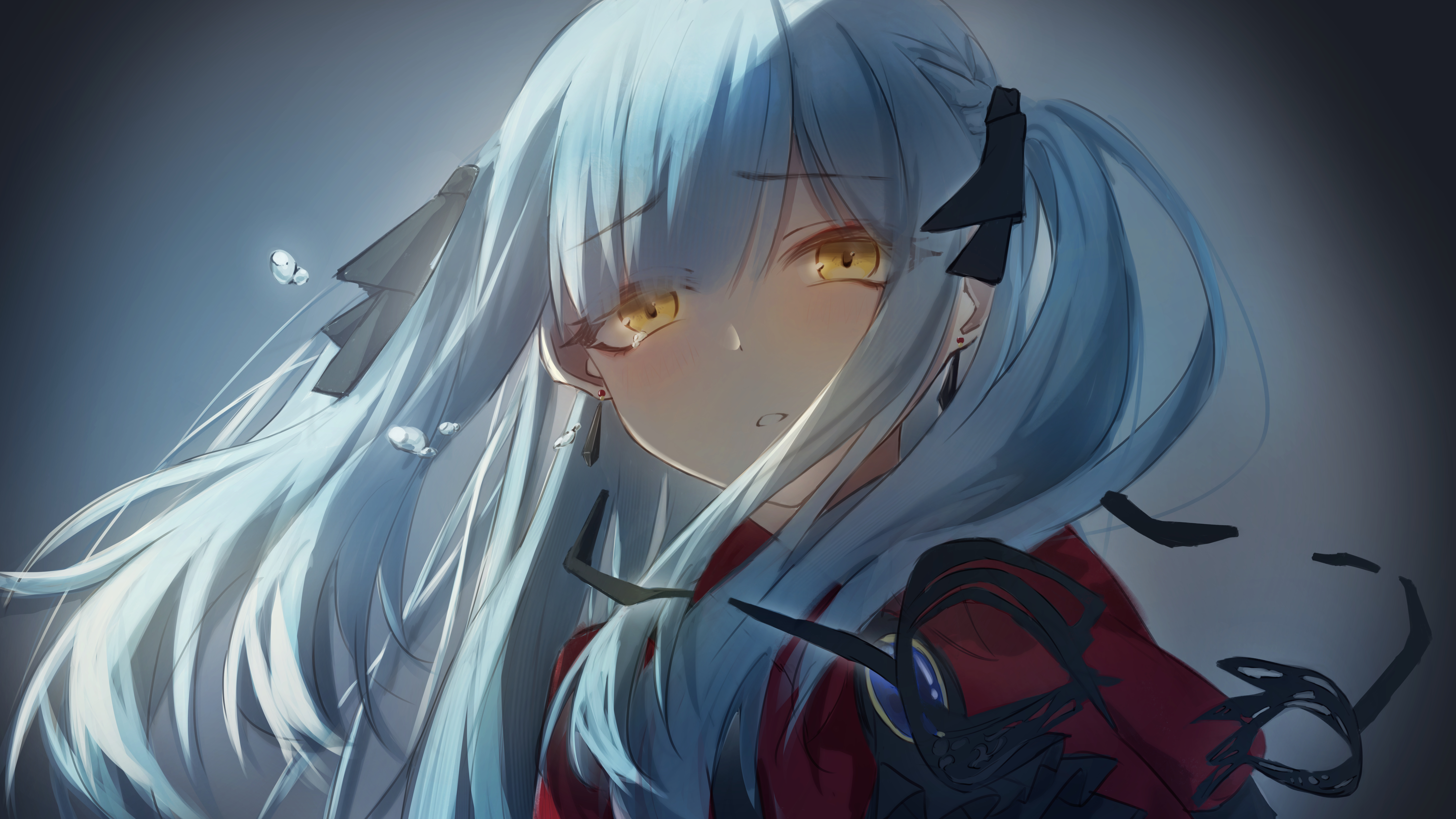 aijotooko, oblivionis (bang dream!), togawa sakiko, bang dream!, bang dream! it's mygo!!!!!, absurdres, commentary, highres, 1girl, blue hair, dissolving, long hair, looking at viewer, open mouth, red shirt, shirt, solo, two side up, upper body, yellow eyes