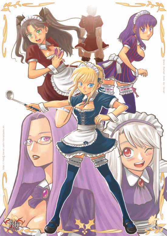 cloverpeia, archer (fate), artoria pendragon (fate), illyasviel von einzbern, matou sakura, medusa (fate), medusa (rider) (fate), saber (fate), tohsaka rin, fate/stay night, fate (series), type-moon, 00s, 1boy, 5girls, apron, blonde hair, breasts, brown hair, cleavage, glasses, green eyes, hairband, ladle, large breasts, long hair, maid, maid apron, medium breasts, multiple girls, official alternate costume, one eye closed, purple eyes, purple hair, red eyes, short hair, square pupils, thighhighs, white hair, wink, wristband