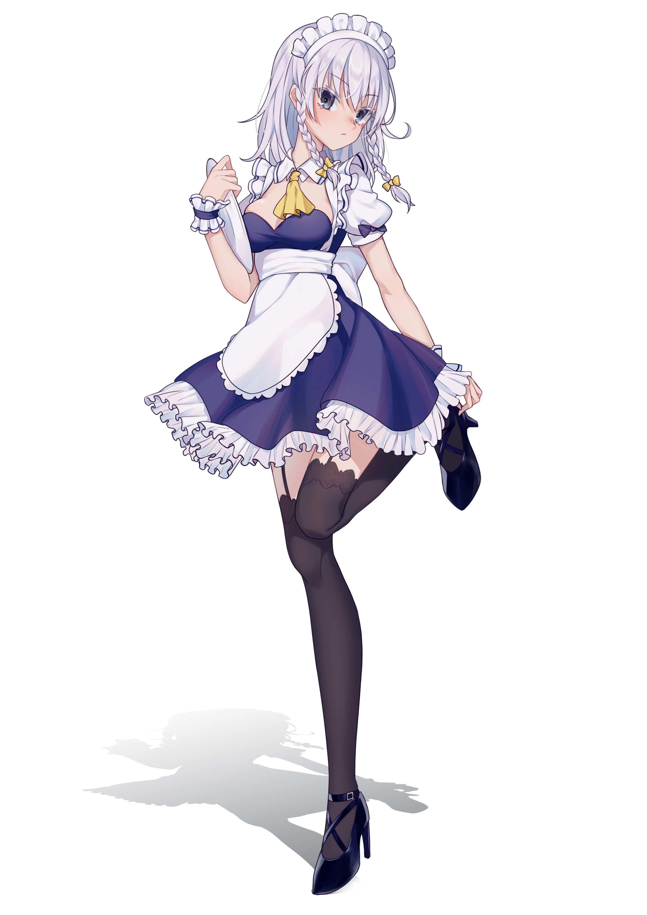 murasaki satori, izayoi sakuya, touhou, absurdres, chinese commentary, commentary request, highres, variant set, 1girl, apron, ascot, black shoes, black thighhighs, blue dress, bow, braid, cleavage cutout, closed mouth, clothing cutout, dress, frilled skirt, frills, full body, garter straps, grey eyes, hair bow, high heels, holding, holding plate, looking at viewer, maid, maid apron, maid headdress, medium hair, plate, puffy short sleeves, puffy sleeves, shadow, shirt, shoes, short sleeves, skirt, solo, standing, standing on one leg, thighhighs, twin braids, white apron, white background, white bow, white hair, white shirt, wrist cuffs, yellow ascot