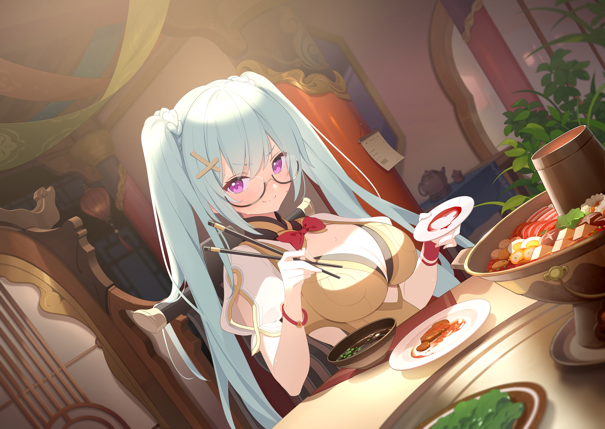 stella sora, game cg, highres, non-web source, official art, >:), 1girl, black-framed eyewear, blue hair, blush, breasts, chopsticks, cleavage, closed mouth, dutch angle, glasses, hair ornament, holding, holding plate, hotpot, large breasts, looking at viewer, plate, puffy short sleeves, puffy sleeves, purple eyes, semi-rimless eyewear, shimiao (stella sora), short sleeves, shrug (clothing), smile, solo, sweat, twintails, twintails with braided base, under-rim eyewear, upper body, v-shaped eyebrows, white shrug, x hair ornament
