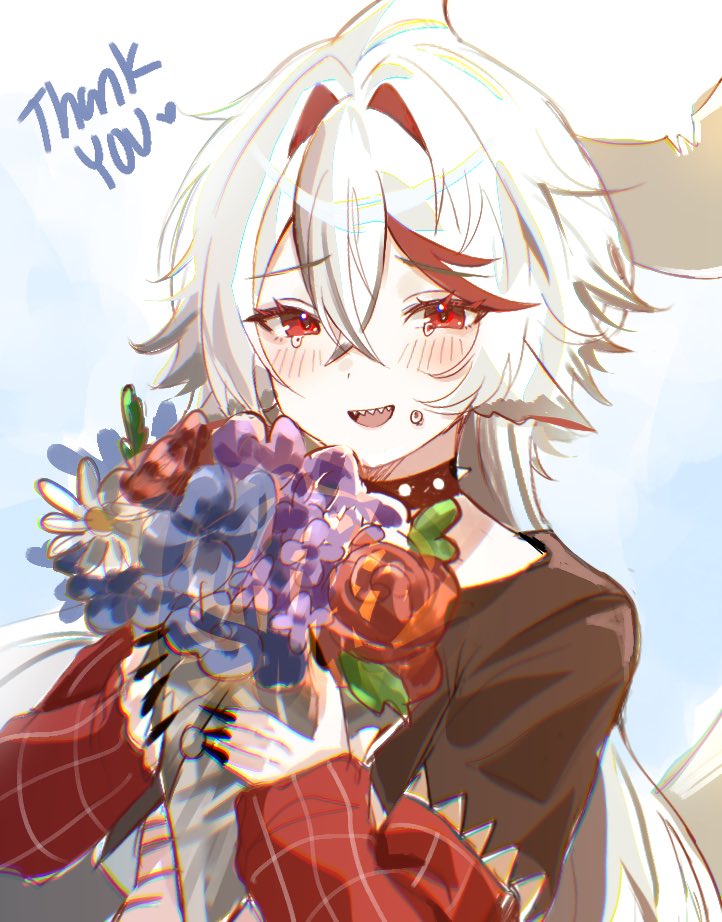 sharkyyuna, indie virtual youtuber, commentary, english commentary, 1girl, animal ears, black choker, black nails, black shirt, blush, bouquet, choker, crossed bangs, crying, crying with eyes open, double-parted bangs, fingernails, fins, fish tail, flower, gradient background, hair between eyes, holding, holding bouquet, long fingernails, long hair, long sleeves, looking at viewer, multicolored hair, open mouth, raised inner eyebrows, red eyes, red streaks, shark girl, shark tail, sharkyyuna (vtuber), sharp teeth, shirt, smile, solo, spiked choker, spikes, streaked hair, tail, tears, teeth, thank you, upper body, virtual youtuber, white hair