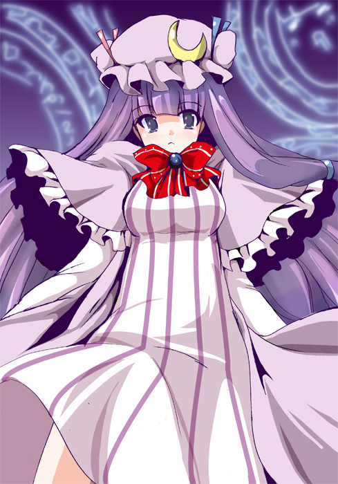 fa no hito, patchouli knowledge, touhou, 1girl, breasts, dress, female focus, hat, purple eyes, purple hair, ribbon, solo