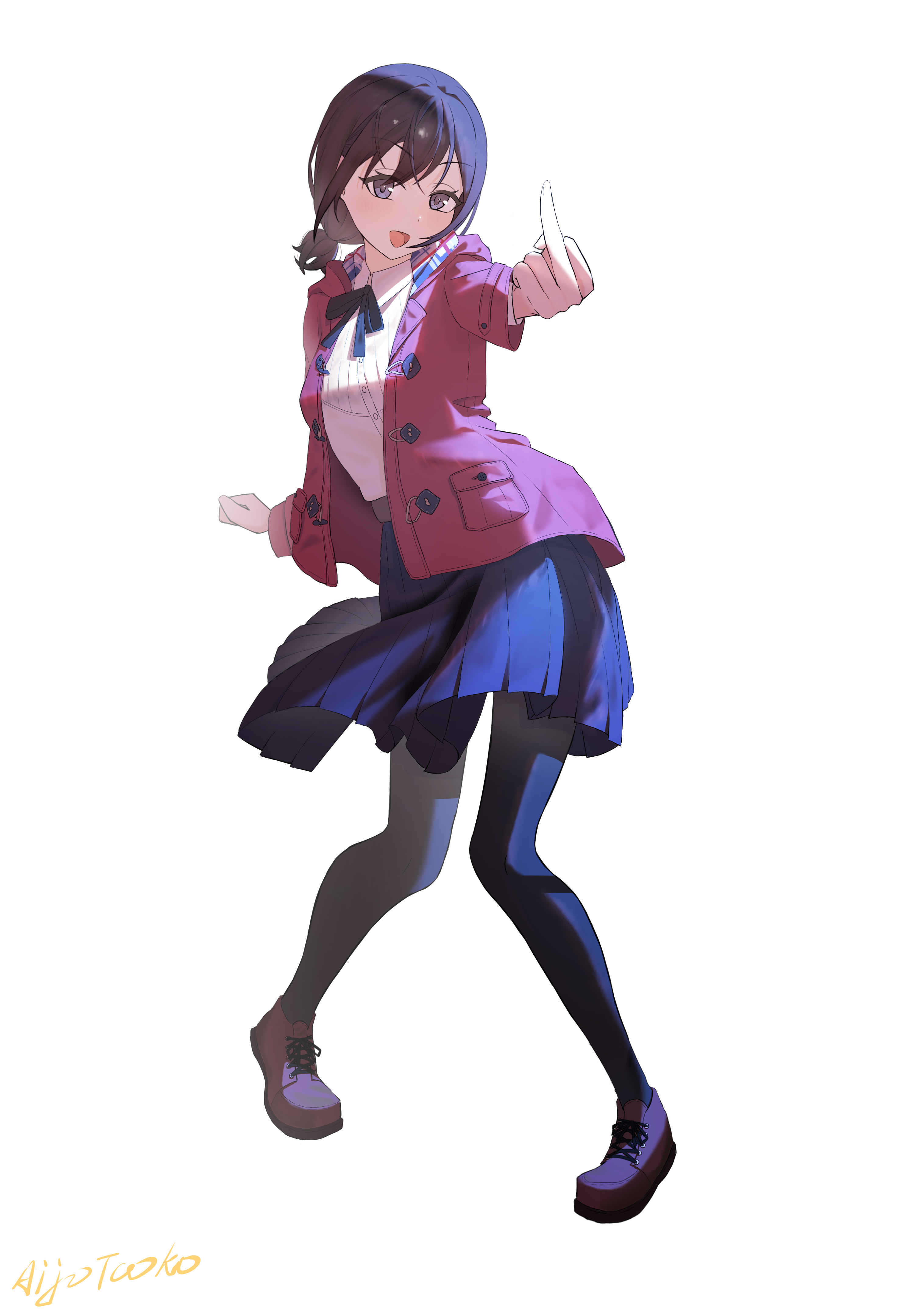 aijotooko, iseri nina, girls band cry, absurdres, commentary, highres, 1girl, black pantyhose, blue skirt, brown hair, brown shoes, full body, jacket, long sleeves, looking at viewer, low twintails, middle finger, open clothes, open jacket, open mouth, pantyhose, red jacket, shirt, shoes, short hair, short twintails, simple background, skirt, solo, twintails, white background, white shirt