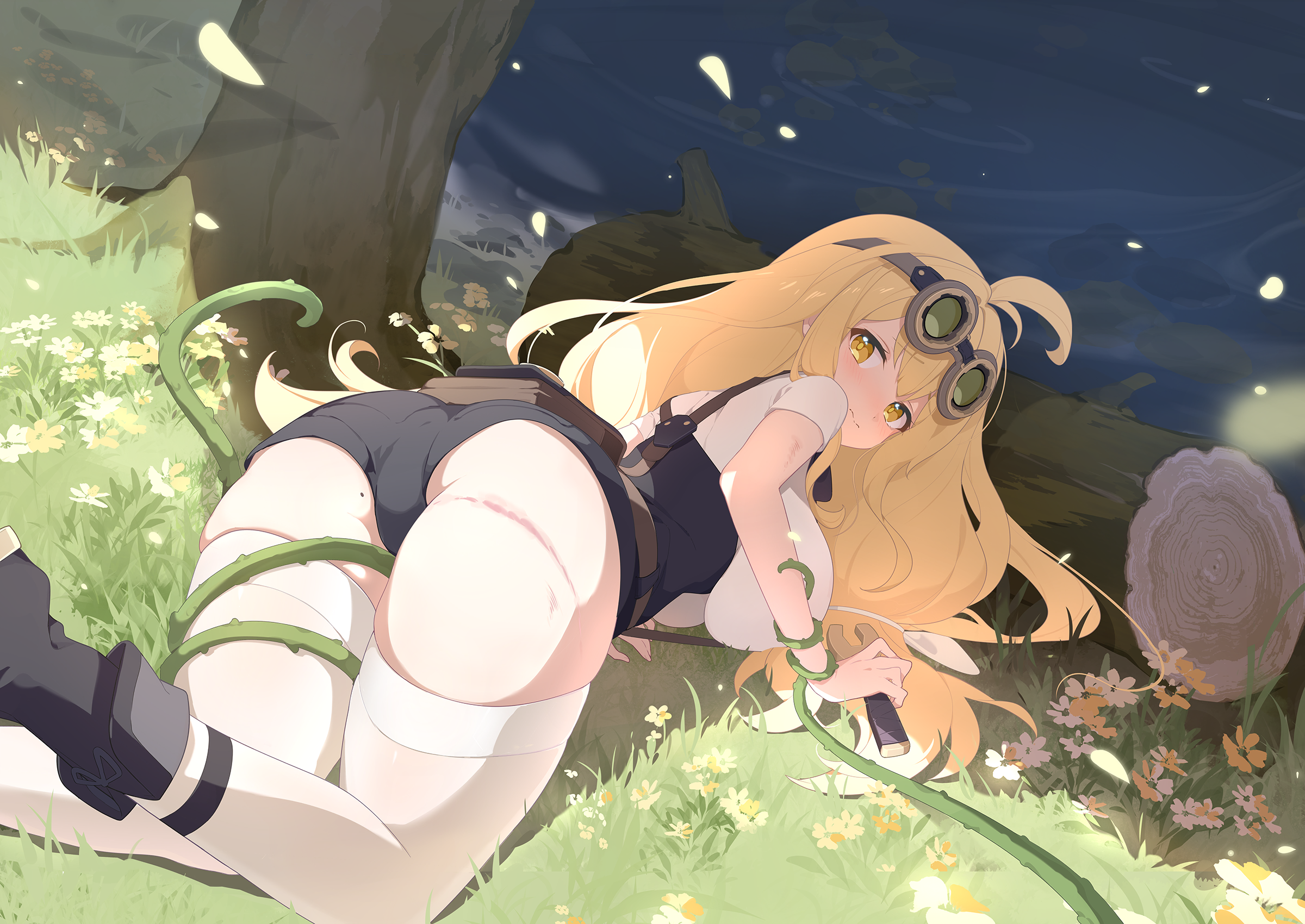 stella sora, game cg, highres, non-web source, official art, 1girl, all fours, antenna hair, ass, black boots, blonde hair, boots, breasts, goggles, goggles on head, holding, injury, large breasts, log, long hair, looking at viewer, micro shorts, mole, mole on ass, plant, ridge (stella sora), shirt, short sleeves, shorts, solo, thighhighs, very long hair, vines, white shirt, white thighhighs, yellow eyes
