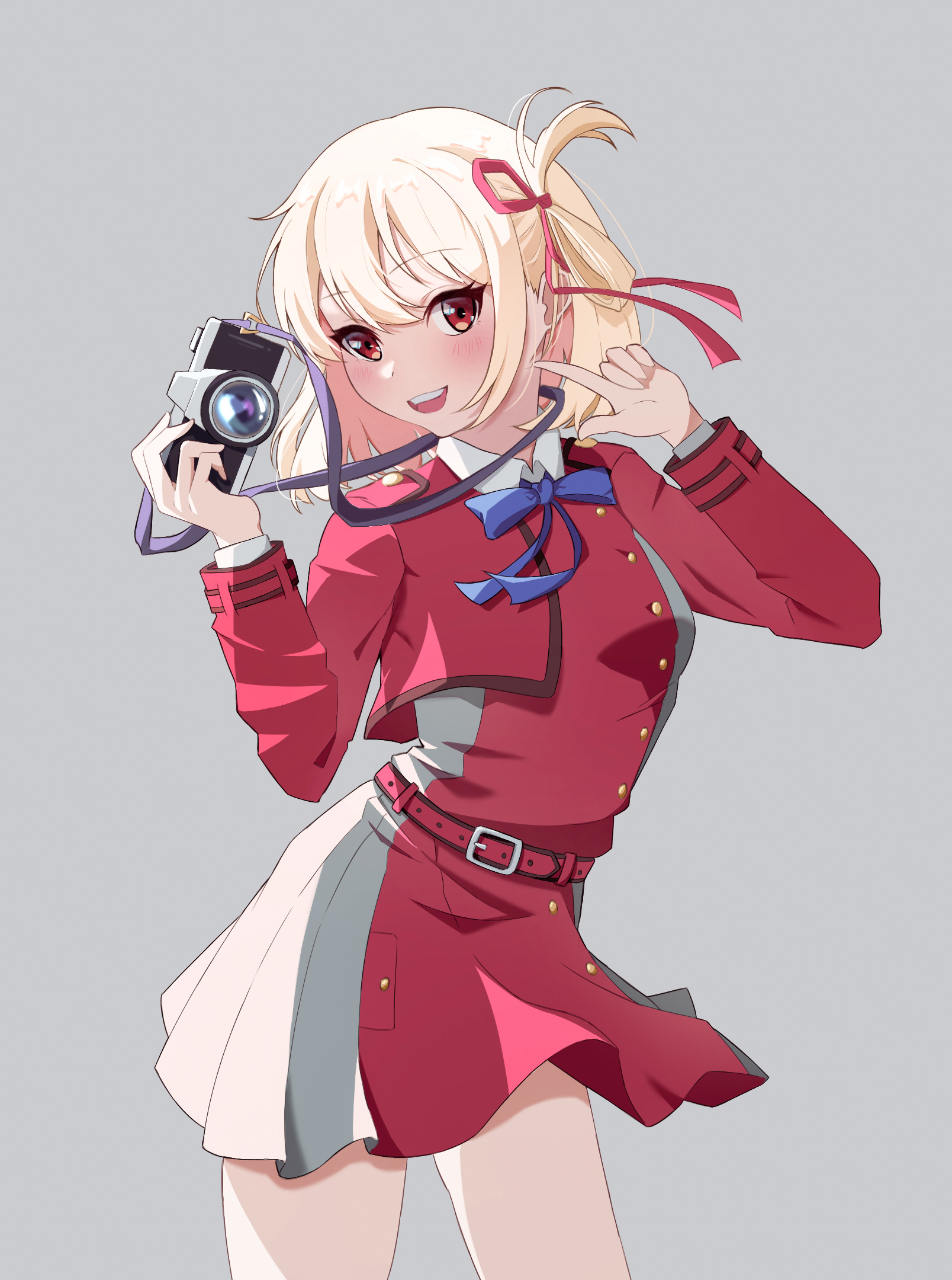 aijotooko, nishikigi chisato, lycoris recoil, commentary, highres, 1girl, belt, blonde hair, blue ribbon, blush, camera, cowboy shot, dress, grey background, grey dress, hair ribbon, holding, holding camera, long hair, looking at viewer, lycoris uniform, open mouth, pleated dress, red belt, red dress, red eyes, red ribbon, ribbon, simple background, solo, teeth, two-tone dress, upper teeth only