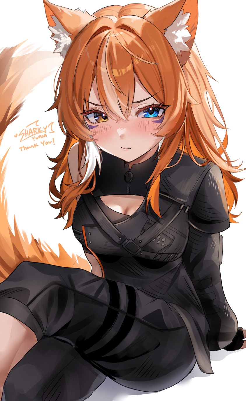 sharkyyuna, indie virtual youtuber, commentary, english commentary, highres, 1girl, animal ear fluff, animal ears, black pants, black shirt, blue eyes, blush, breasts, cleavage, cleavage cutout, closed mouth, clothing cutout, double-parted bangs, hair between eyes, heterochromia, kaori lupine, long hair, long sleeves, looking at viewer, medium breasts, orange eyes, orange hair, pants, shirt, simple background, sitting, solo, tail, virtual youtuber, white background, wolf ears, wolf girl, wolf tail