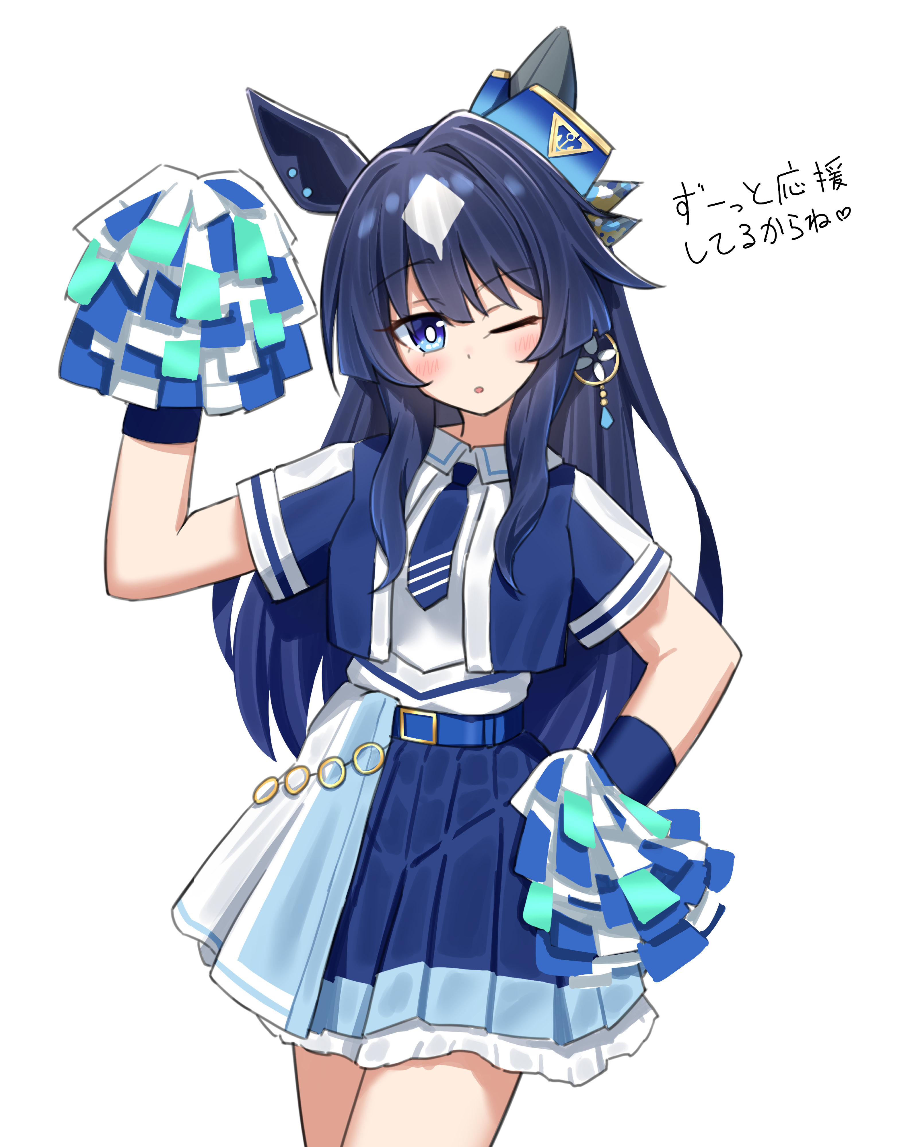 yamada (c57hikaru), verxina (umamusume), umamusume, absurdres, commentary request, highres, translation request, 1girl, animal ears, blue eyes, blue hair, blush, breasts, cheerleader, earrings, hair between eyes, hair ornament, horse ears, jewelry, looking at viewer, medium breasts, necktie, one eye closed, pom pom (cheerleading), single earring, solo, white background