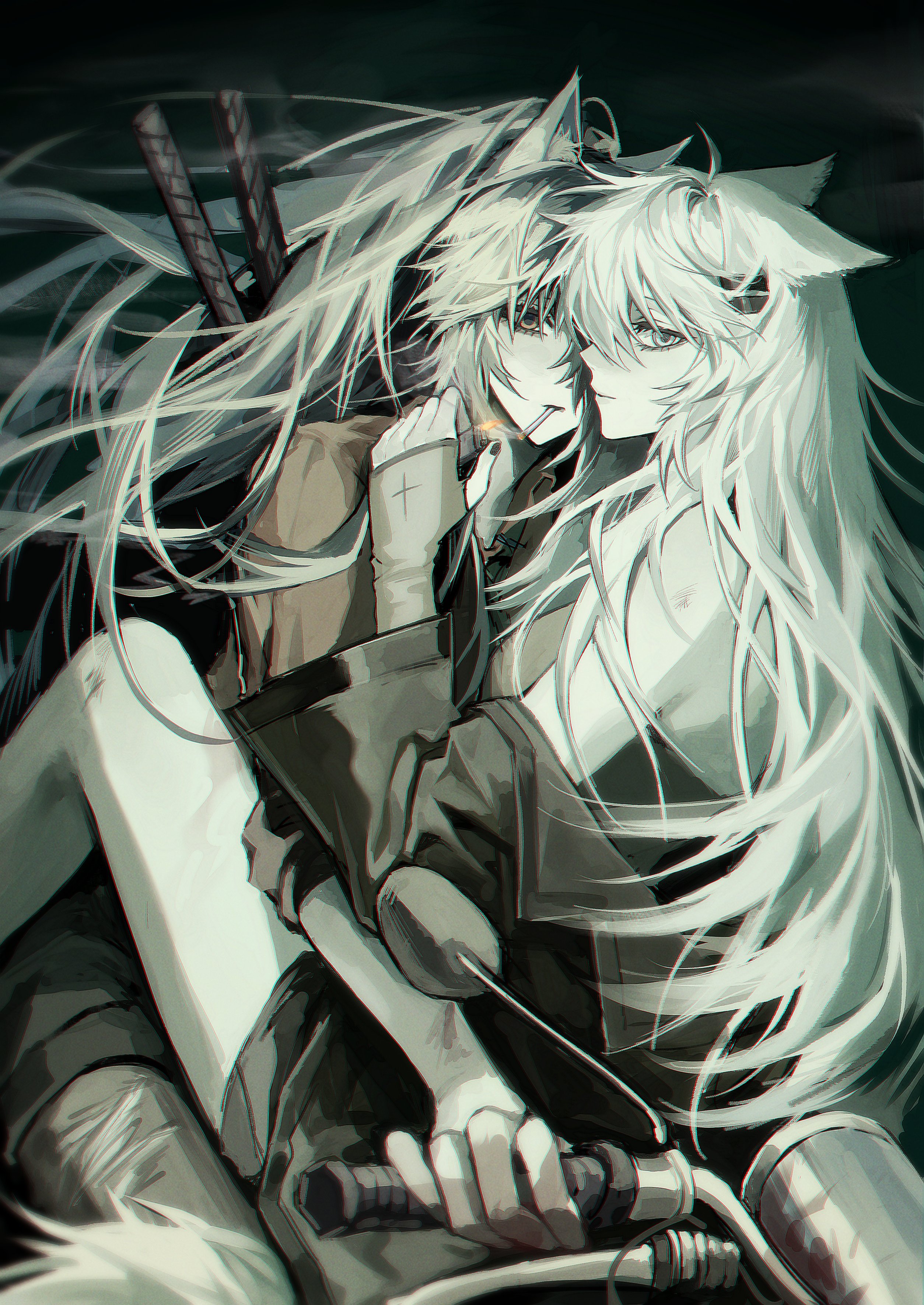 ara 200117, lappland (arknights), texas (arknights), arknights, absurdres, commentary, highres, symbol-only commentary, 2girls, animal ears, black hair, cigarette, closed mouth, grey eyes, hair ornament, hairclip, holding, holding lighter, lighter, long hair, long sleeves, motor vehicle, motorcycle, multiple girls, multiple riders, orange eyes, parallel hairclips, white hair, wolf ears, wolf girl, yuri