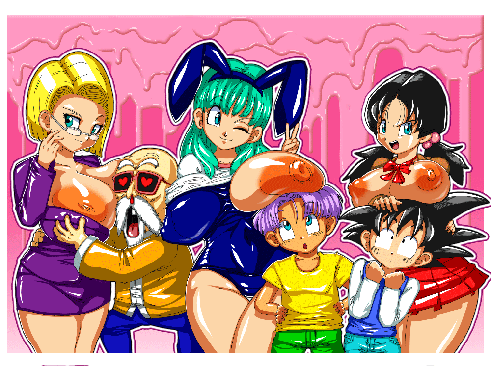 basara, android 18, bulma, son goten, trunks (dragon ball), videl, dragon ball, dragonball z, 3boys, 3girls, black hair, breasts, latex, multiple boys, multiple girls, nipples, skirt