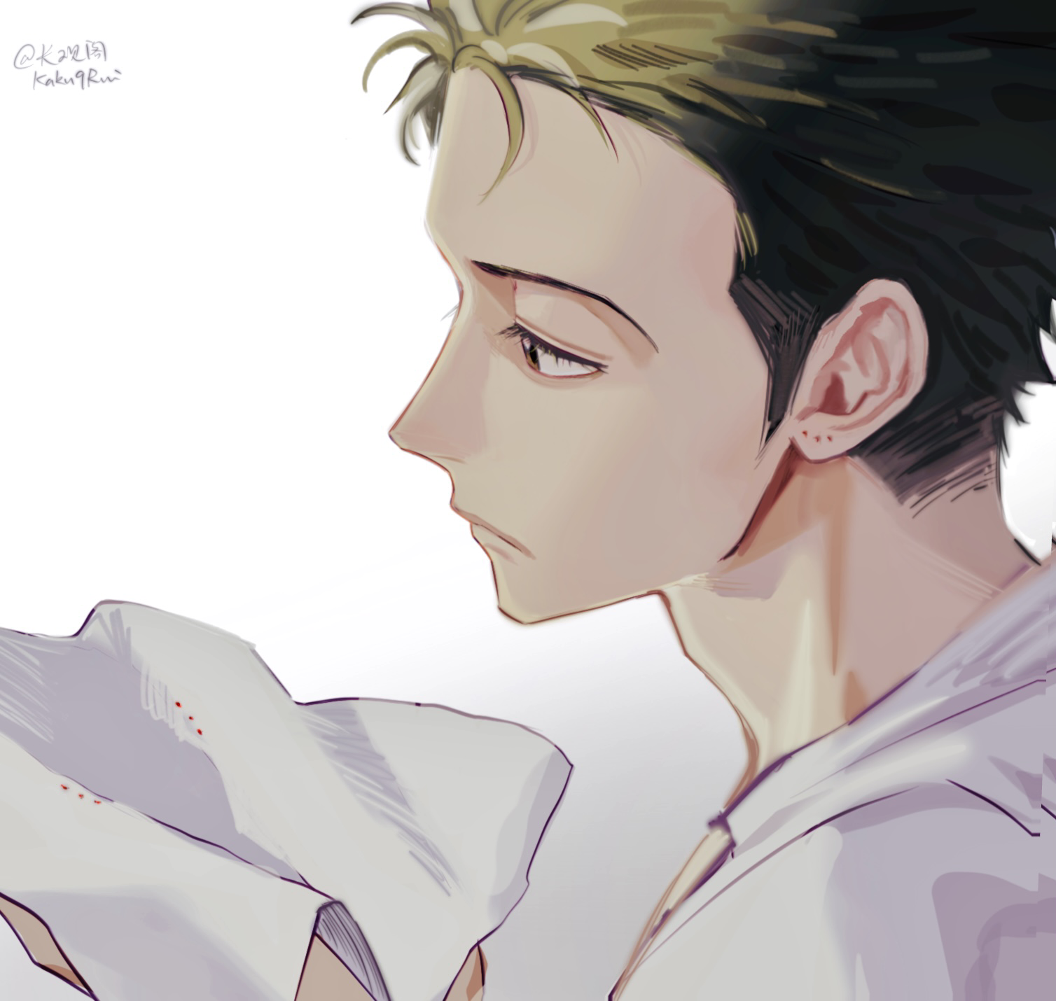 kotomine (a1569), roronoa zoro, one piece, commentary request, highres, 1boy, adam's apple, blood, brown eyes, closed mouth, ear piercing, eyelashes, grey hair, holding napkin, male focus, piercing, shirt, short hair, sideburns, solo, twitter username, upper body, white background, white shirt