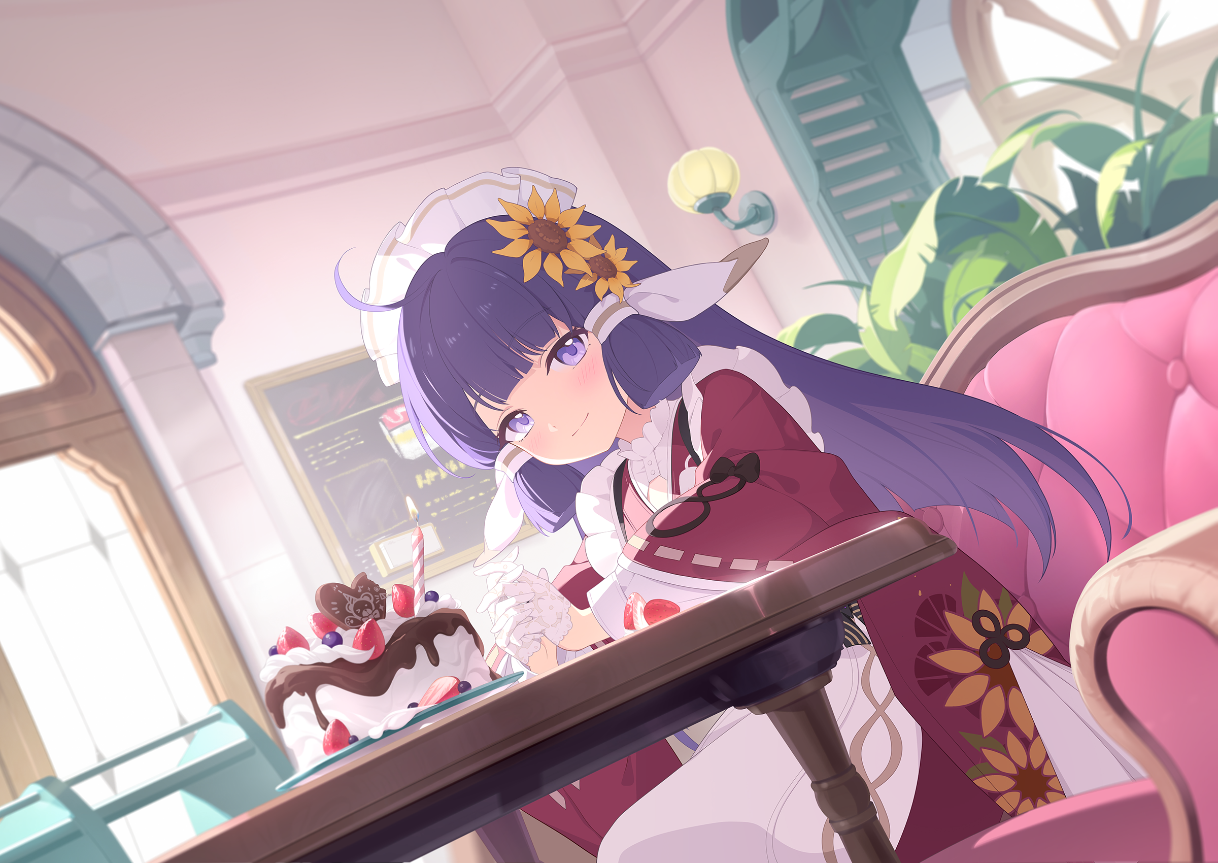 stella sora, game cg, highres, non-web source, official art, 1girl, ahoge, birthday cake, blunt tresses, cake, couch, flower, food, fruit, hair flower, hair ornament, indoors, japanese clothes, kimono, layered sleeves, long sleeves, looking at viewer, maid, maid headdress, nanoha (stella sora), on couch, purple eyes, purple hair, red kimono, shrug (clothing), sitting, solo, strawberry, strawberry slice, sunflower, sunflower hair ornament, wa maid, white shrug, window