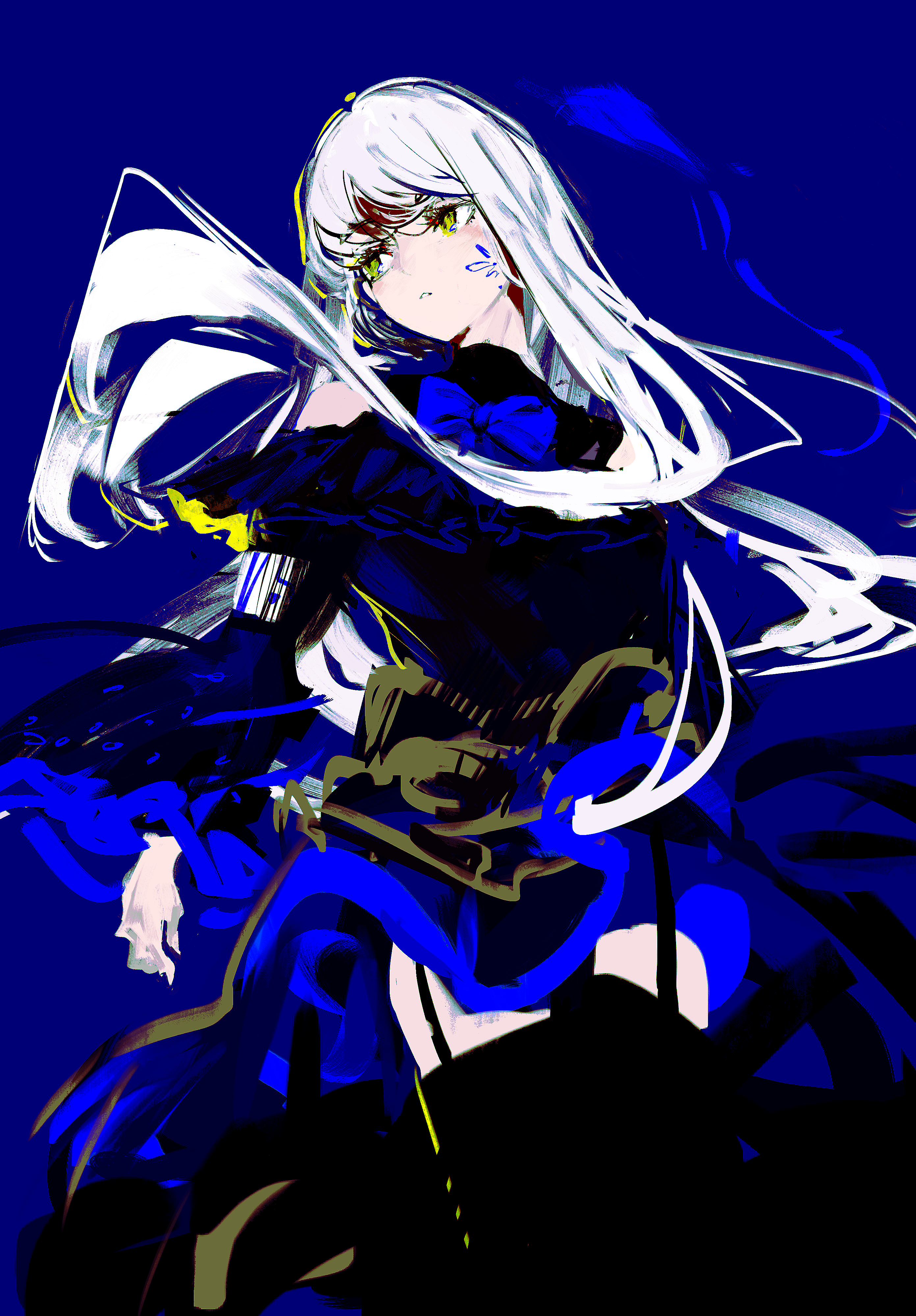 lemtun, minato yukina, rose (yumenokessho), bang dream!, absurdres, highres, 1girl, black dress, black thighhighs, blue background, clothing cutout, dress, facial mark, floating hair, garter straps, long hair, open mouth, shoulder cutout, simple background, solo, thighhighs, white hair, yumenokessho