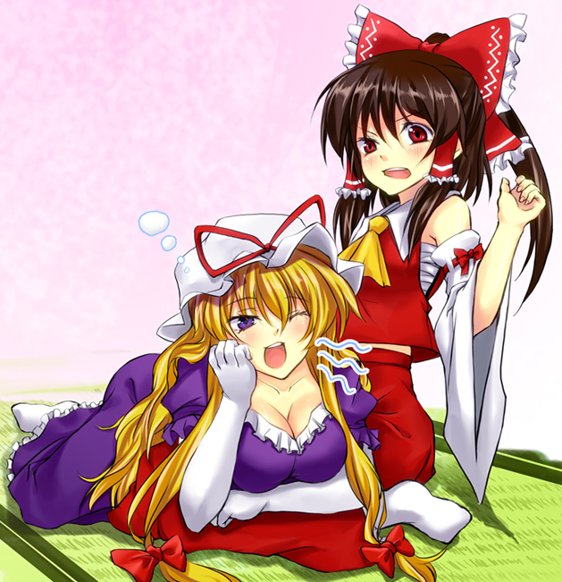 tsujigiri, hakurei reimu, yakumo yukari, touhou, 2girls, black hair, blonde hair, blue eyes, breast rest, breasts, detached sleeves, elbow gloves, female focus, gloves, hair ribbon, japanese clothes, large breasts, miko, multiple girls, ponytail, red eyes, ribbon, sarashi, wink, yawning