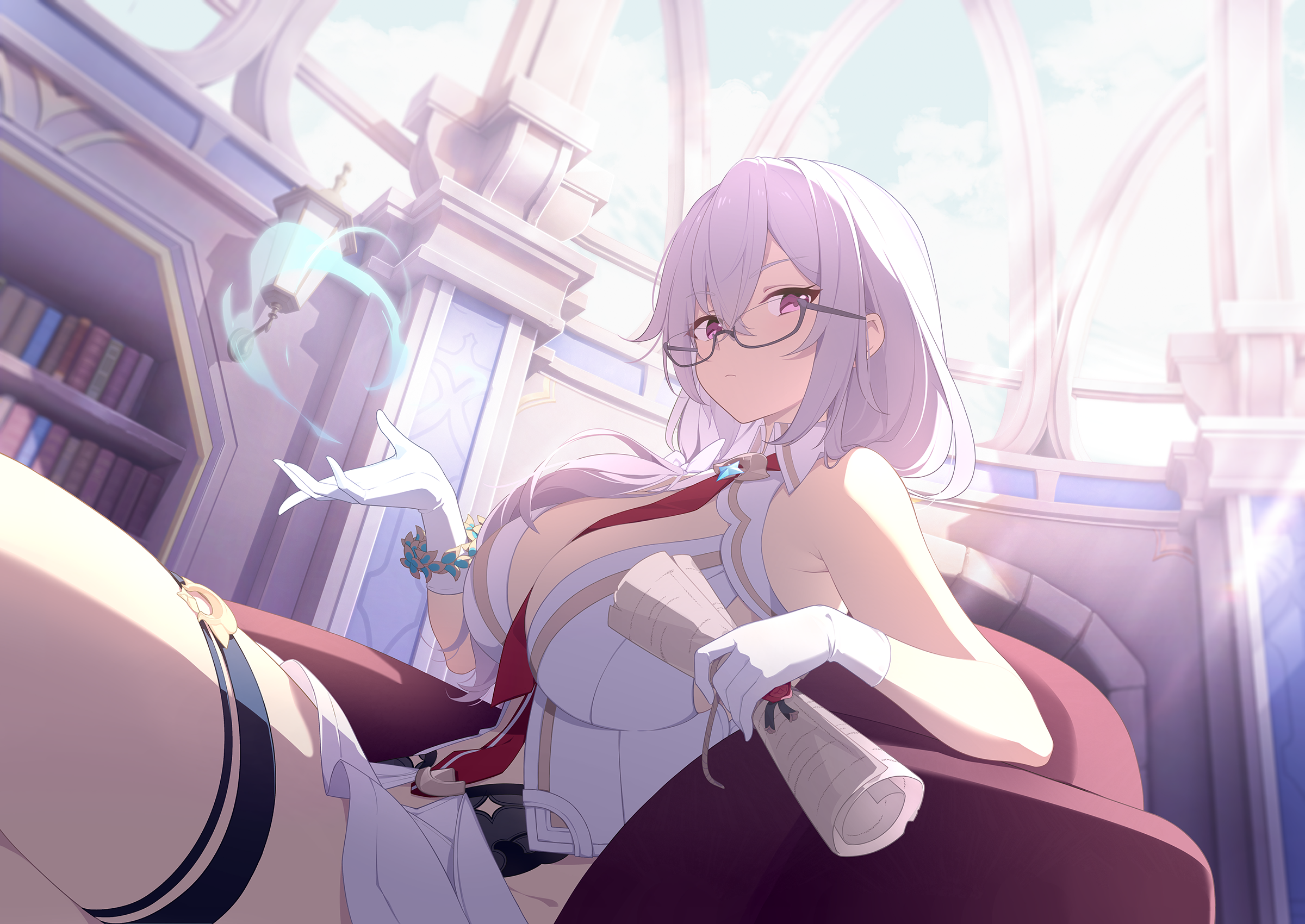 canace (stella sora), stella sora, game cg, highres, non-web source, official art, 1girl, aerokinesis, armpit crease, bare shoulders, between breasts, breasts, cleavage, closed mouth, couch, expressionless, glasses, gloves, grey-framed eyewear, grey hair, holding, holding scroll, large breasts, looking at viewer, miniskirt, necktie, necktie between breasts, on couch, purple eyes, red necktie, scroll, semi-rimless eyewear, sitting, skirt, solo, under-rim eyewear, white gloves, white skirt, wind