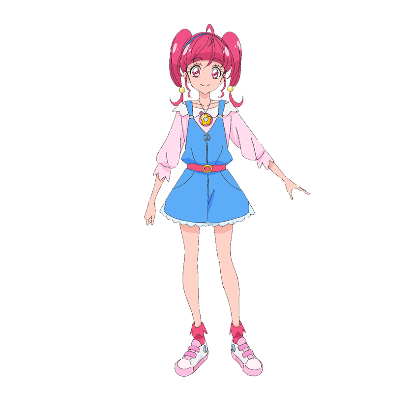 hoshina hikaru, precure, star twinkle precure, official art, second-party source, 1girl, ahoge, belt, blue overalls, blunt bangs, closed mouth, full body, jewelry, long hair, looking at viewer, necklace, overall shorts, overalls, pink belt, pink eyes, pink hair, pink shirt, pink socks, shirt, shoes, short jumpsuit, smile, sneakers, socks, solo, standing, tachi-e, twintails, white shoes
