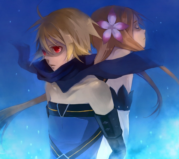 yuuki (pit), emil castagnier, marta lualdi, tales of (series), tales of symphonia, tales of symphonia: dawn of the new world, bad id, bad pixiv id, 00s, 1boy, 1girl, back-to-back, blonde hair, brown hair, flower, hair ornament, long hair, red eyes, scarf