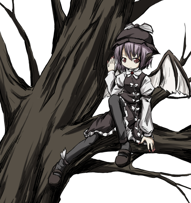 kakizaki, kakizaki (chou neji), mystia lorelei, touhou, 1girl, feathers, female focus, greyscale, in tree, juliet sleeves, long sleeves, looking at viewer, monochrome, pantyhose, puffy long sleeves, puffy sleeves, short hair, simple background, solo, tree, white background, wings