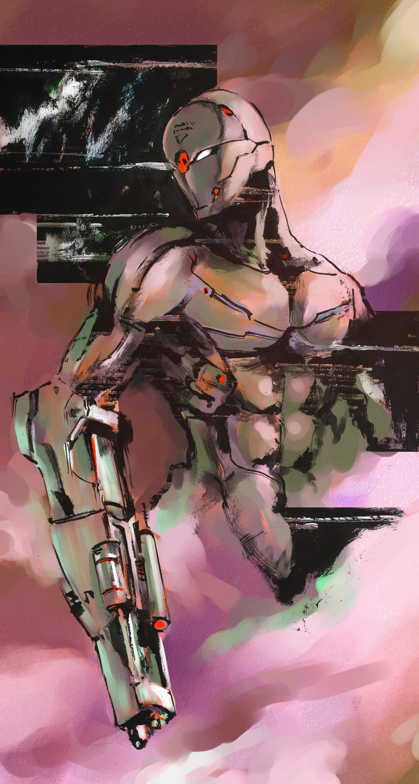 ikuyoan, shinkawa youji, gray fox (metal gear), konami, metal gear (series), metal gear solid, highres, arm cannon, cyborg, gun, ninja, solo, weapon