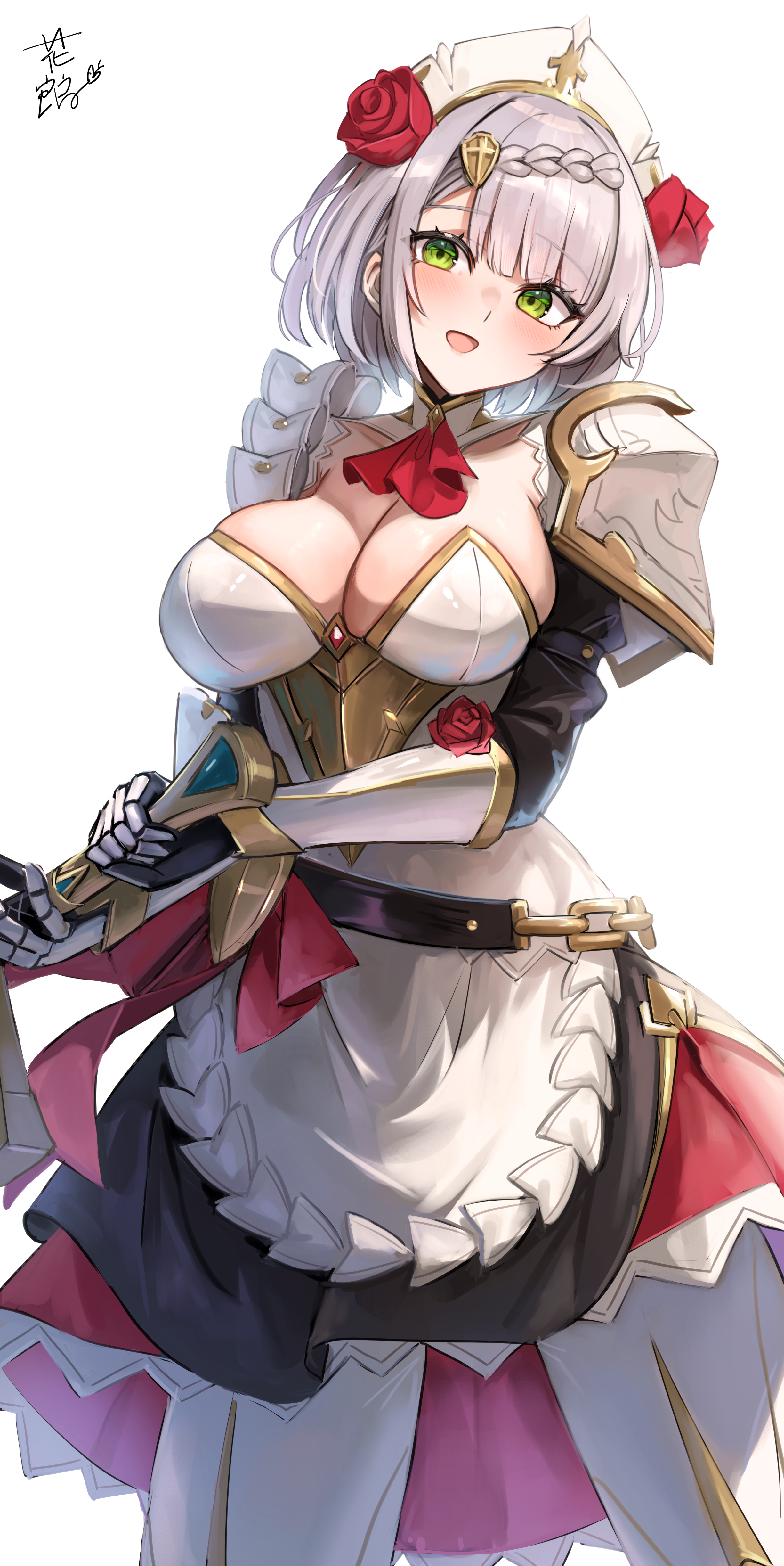 hana hebi, noelle (genshin impact), genshin impact, absurdres, commentary request, highres, 1girl, :d, apron, armor, armored boots, armored dress, ascot, belt, black belt, black dress, blunt bangs, blush, boots, braid, breastplate, breasts, claymore (sword), cleavage, cowboy shot, crown braid, dress, eyelashes, flower, gauntlets, green eyes, grey hair, hair flower, hair ornament, hat, holding, holding sword, holding weapon, large breasts, long sleeves, looking at viewer, maid, maid headdress, medium hair, open mouth, red ascot, red dress, red flower, red rose, rose, shield hair ornament, short dress, short hair, shoulder armor, simple background, smile, solo, sword, thigh boots, two-tone dress, vambraces, weapon, white apron, white background, white boots, white hair, white hat