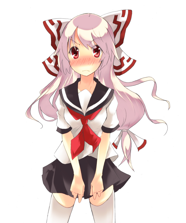 mukunoki nanatsu, nanatsu, fujiwara no mokou, touhou, bad id, bad pixiv id, 1girl, alternate costume, blush, contemporary, female focus, red eyes, school uniform, solo, thighhighs, zettai ryouiki