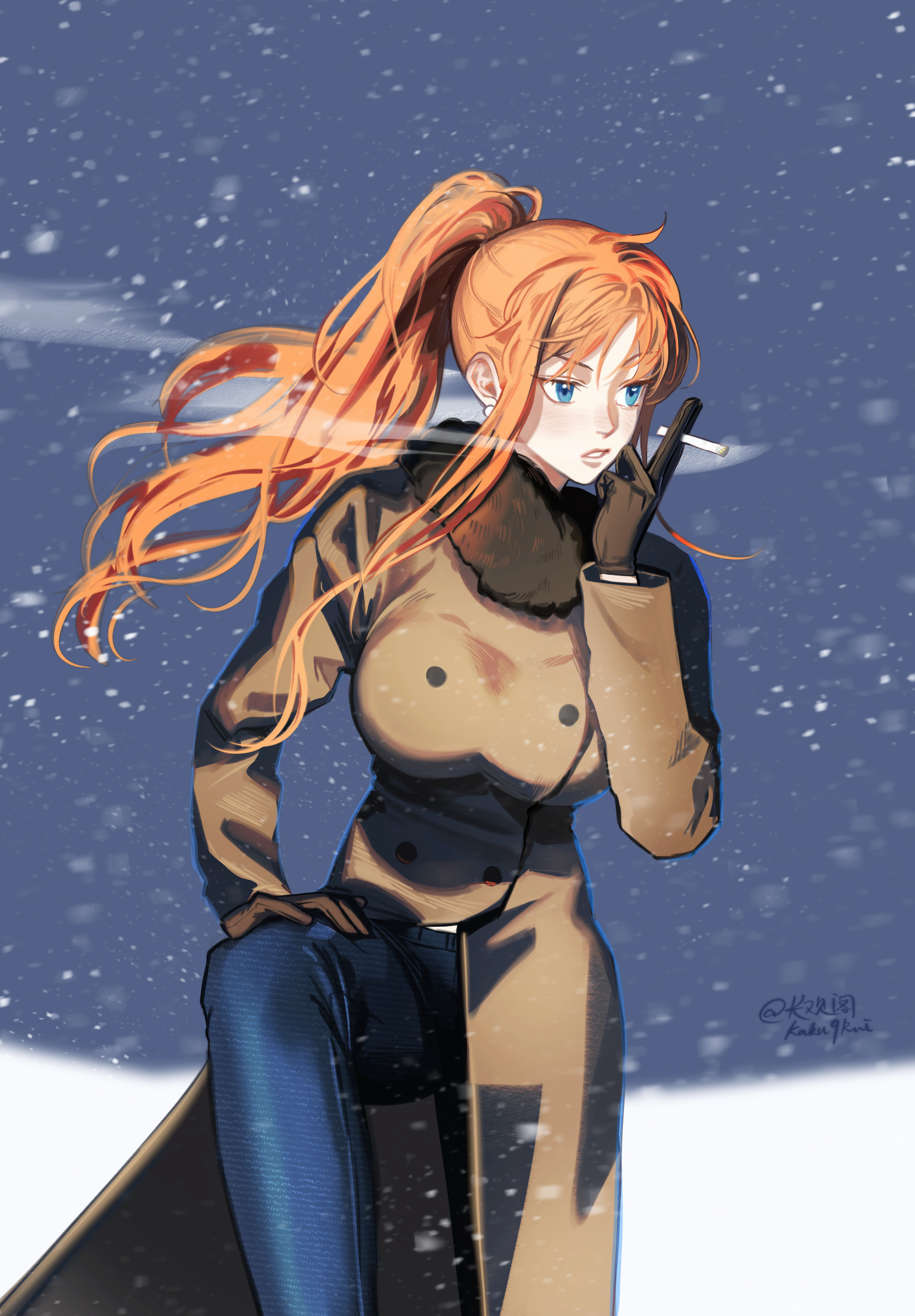 kotomine (a1569), nami (one piece), one piece, commentary request, highres, 1girl, blue eyes, blue pants, brown coat, brown gloves, cigarette, coat, earrings, gloves, holding, holding cigarette, jewelry, knee up, long hair, long sleeves, looking ahead, orange hair, pants, parted lips, ponytail, smoke, smoking, snowing, solo, winter