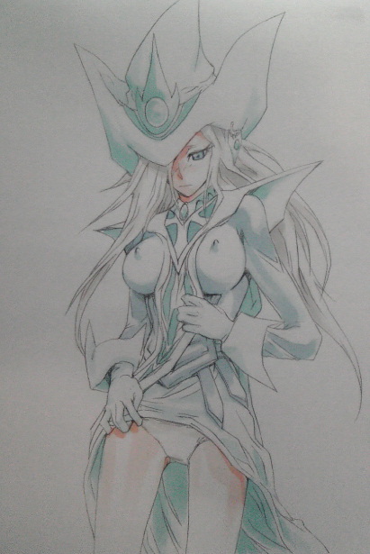 silent magician, yu-gi-oh!, silver hair, covered erect nipples, dress, hat, panties, thighs, underwear, wizard hat